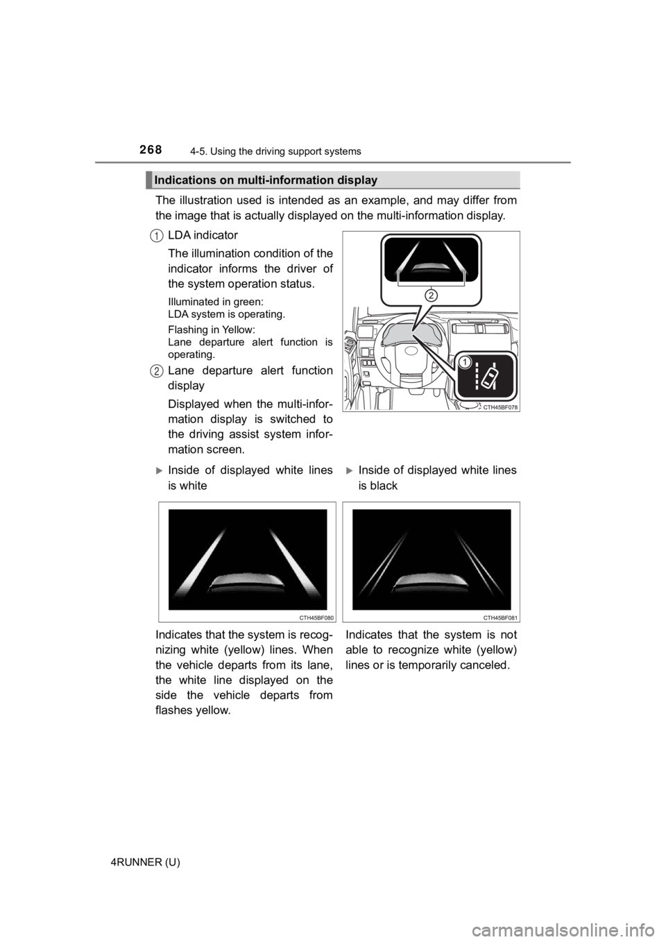 TOYOTA 4RUNNER 2021 Owners Manual (in English) 2684-5. Using the driving support systems
4RUNNER (U)
The illustration used is intended as an example, and may differ from
the image that is actually display ed on the multi-information dis TOYOTA 4RUNNER 2021 Owners Manual (in English) 2684-5. Using the driving support systems
4RUNNER (U)
The illustration used is intended as an example, and may differ from
the image that is actually display ed on the multi-information dis