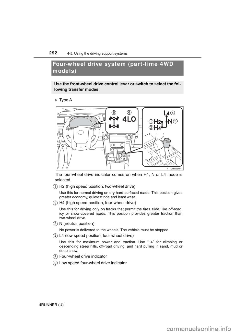 TOYOTA 4RUNNER 2021 Owners Manual (in English) 2924-5. Using the driving support systems
4RUNNER (U)
Ty p e A
The four-wheel drive indicator comes on when H4, N or L4 mode i s
selected.
H2 (high speed position, two-wheel drive)
Use TOYOTA 4RUNNER 2021 Owners Manual (in English) 2924-5. Using the driving support systems
4RUNNER (U)
Ty p e A
The four-wheel drive indicator comes on when H4, N or L4 mode i s
selected.
H2 (high speed position, two-wheel drive)
Use