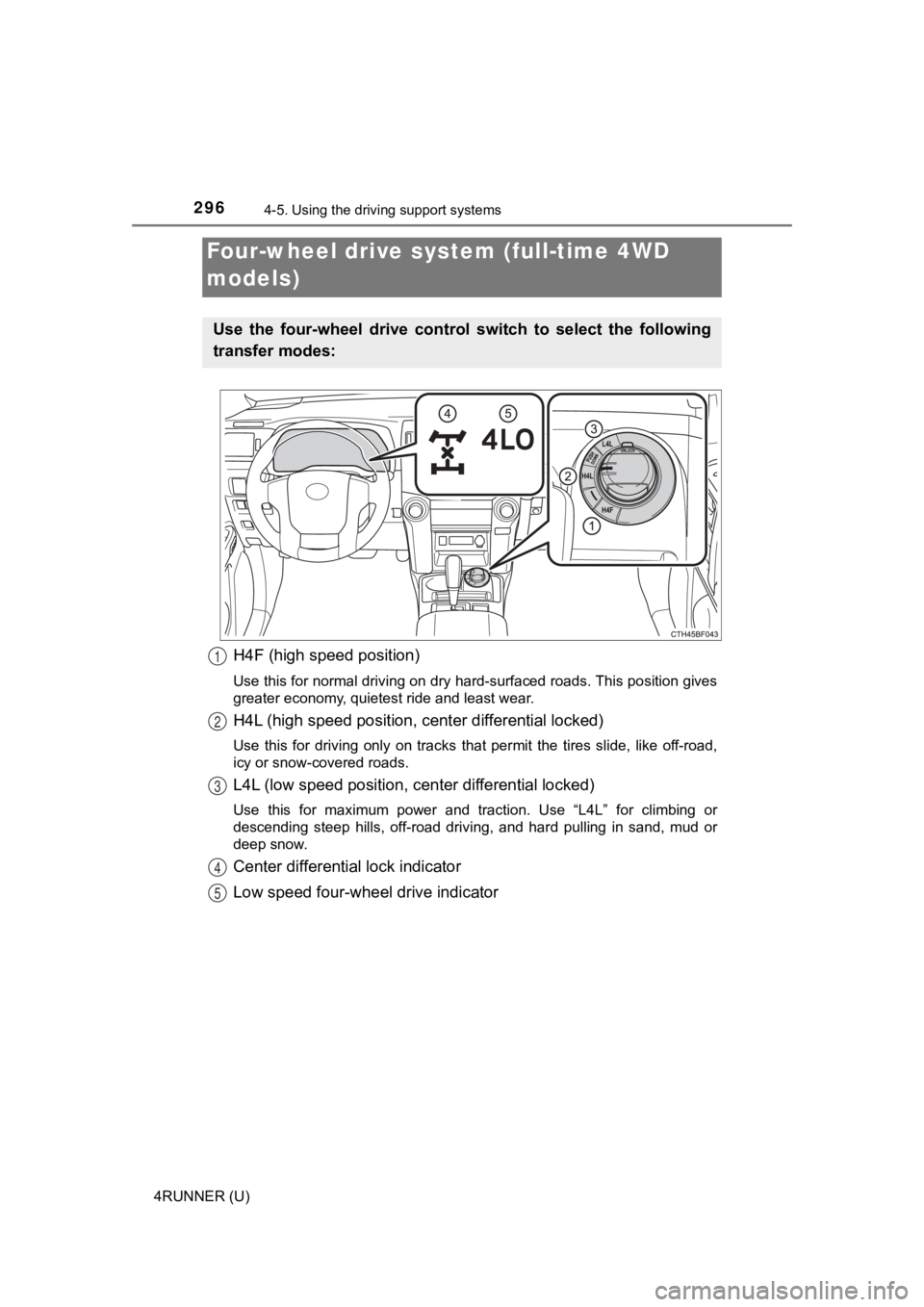 TOYOTA 4RUNNER 2021 Owners Manual (in English) 2964-5. Using the driving support systems
4RUNNER (U)
H4F (high speed position)
Use this for normal driving on dry hard-surfaced roads. This po sition gives
greater economy, quietest ride and least we TOYOTA 4RUNNER 2021 Owners Manual (in English) 2964-5. Using the driving support systems
4RUNNER (U)
H4F (high speed position)
Use this for normal driving on dry hard-surfaced roads. This po sition gives
greater economy, quietest ride and least we
