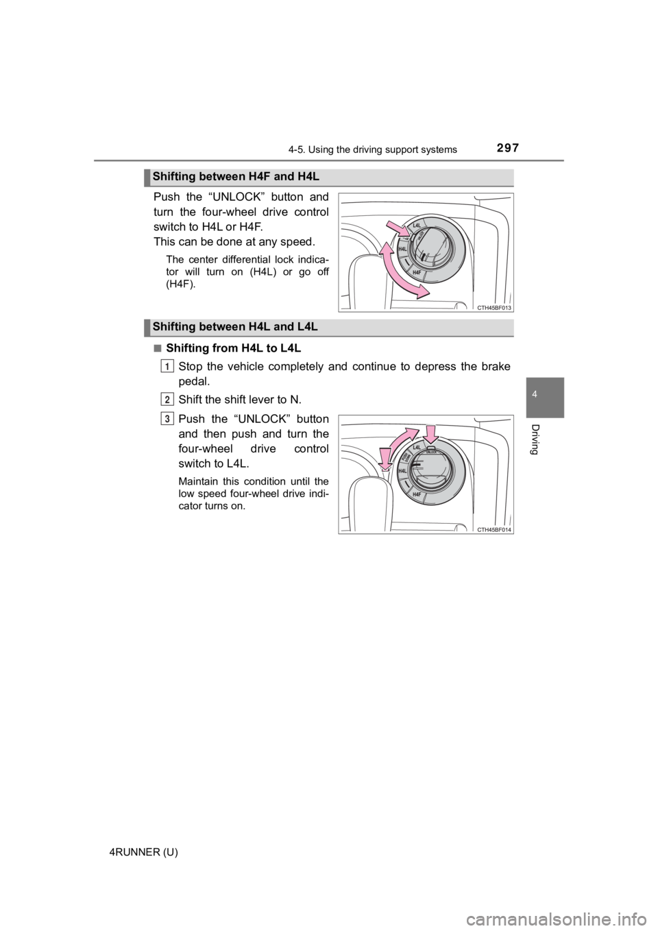 TOYOTA 4RUNNER 2021 Owners Manual (in English) 2974-5. Using the driving support systems
4
Driving
4RUNNER (U)
Push the “UNLOCK” button and
turn the four-wheel drive control
switch to H4L or H4F.
This can be done at any speed.
The cen TOYOTA 4RUNNER 2021 Owners Manual (in English) 2974-5. Using the driving support systems
4
Driving
4RUNNER (U)
Push the “UNLOCK” button and
turn the four-wheel drive control
switch to H4L or H4F.
This can be done at any speed.
The cen
