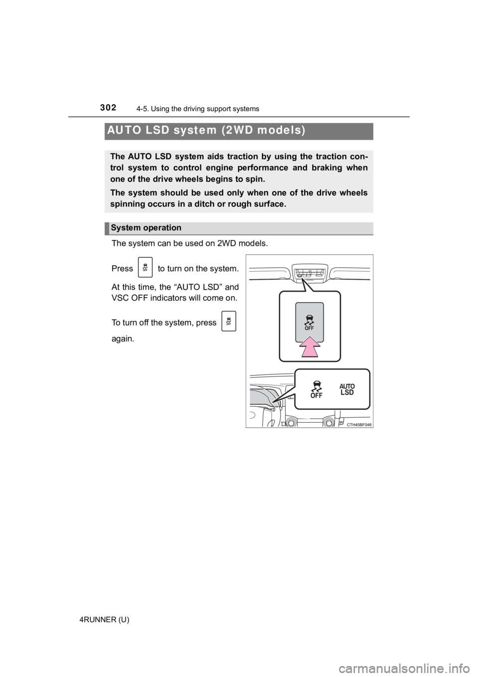 TOYOTA 4RUNNER 2021 Owners Manual (in English) 3024-5. Using the driving support systems
4RUNNER (U)
The system can be used on 2WD models.
Press to turn on the system.
At this time, the “AUTO LSD” and
VSC OFF indicators will come on.
T TOYOTA 4RUNNER 2021 Owners Manual (in English) 3024-5. Using the driving support systems
4RUNNER (U)
The system can be used on 2WD models.
Press to turn on the system.
At this time, the “AUTO LSD” and
VSC OFF indicators will come on.
T