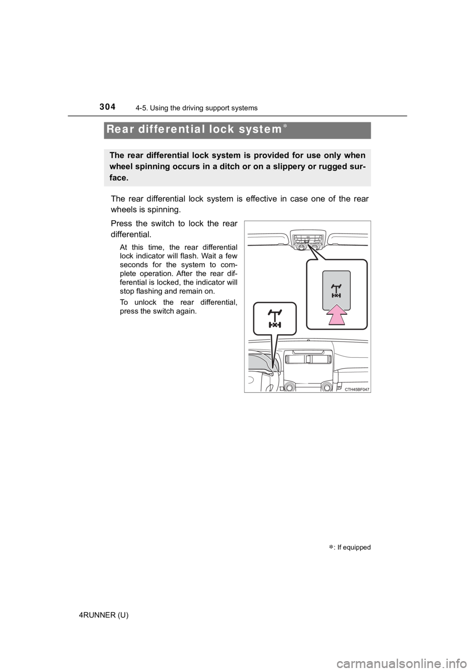 TOYOTA 4RUNNER 2021 Owners Manual (in English) 3044-5. Using the driving support systems
4RUNNER (U)
The rear differential lock system is effective in case one of t he rear
wheels is spinning.
Press the switch to lock the rear
differential. TOYOTA 4RUNNER 2021 Owners Manual (in English) 3044-5. Using the driving support systems
4RUNNER (U)
The rear differential lock system is effective in case one of t he rear
wheels is spinning.
Press the switch to lock the rear
differential.