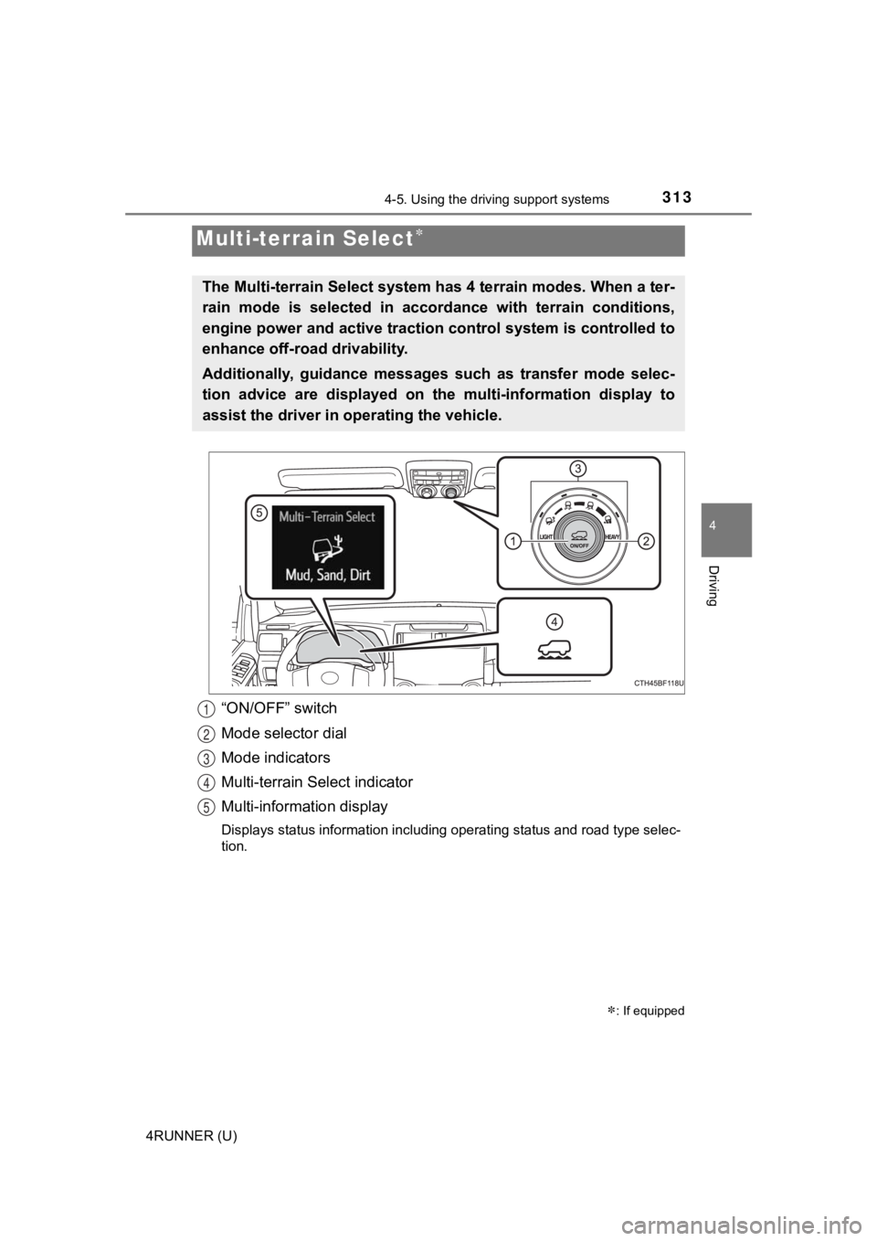 TOYOTA 4RUNNER 2021 Owners Manual (in English) 3134-5. Using the driving support systems
4
Driving
4RUNNER (U)
“ON/OFF” switch
Mode selector dial
Mode indicators
Multi-terrain Select indicator
Multi-information display
Displays status informat TOYOTA 4RUNNER 2021 Owners Manual (in English) 3134-5. Using the driving support systems
4
Driving
4RUNNER (U)
“ON/OFF” switch
Mode selector dial
Mode indicators
Multi-terrain Select indicator
Multi-information display
Displays status informat