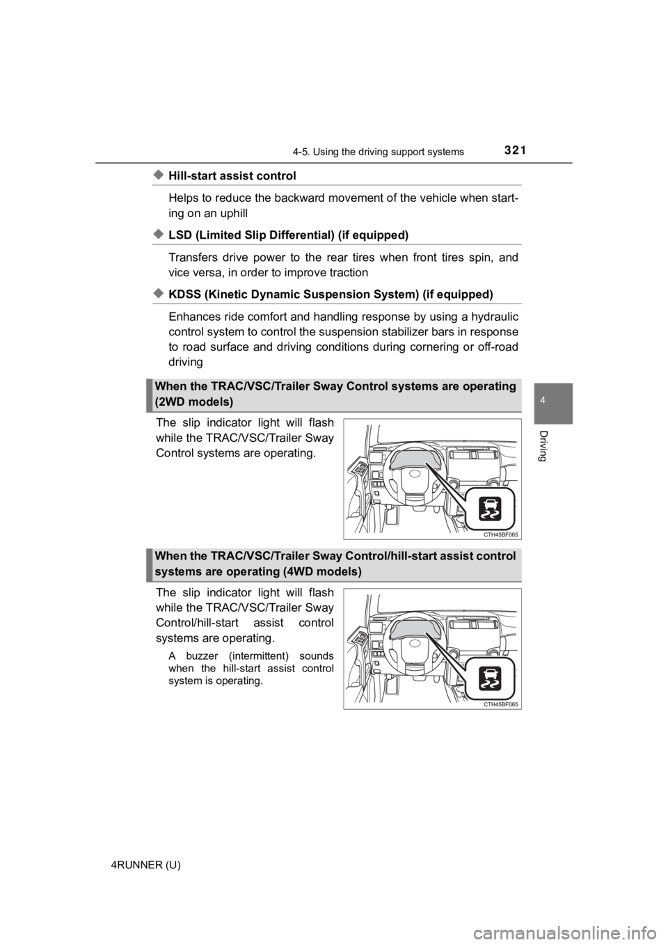TOYOTA 4RUNNER 2021 Owners Manual (in English) 3214-5. Using the driving support systems
4
Driving
4RUNNER (U)
◆Hill-start assist control
Helps to reduce the backward movement of the vehicle when start-
ing on an uphill
◆LSD (Limited Slip Diff TOYOTA 4RUNNER 2021 Owners Manual (in English) 3214-5. Using the driving support systems
4
Driving
4RUNNER (U)
◆Hill-start assist control
Helps to reduce the backward movement of the vehicle when start-
ing on an uphill
◆LSD (Limited Slip Diff