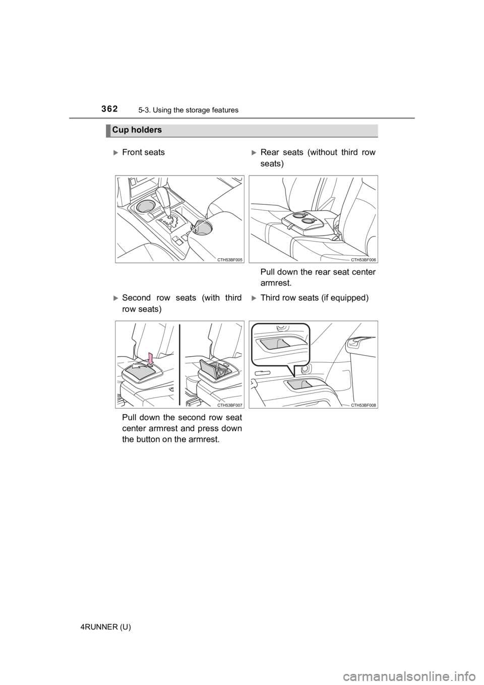 TOYOTA 4RUNNER 2021  Owners Manual (in English) 3625-3. Using the storage features
4RUNNER (U)
Cup holders
Front seatsRear  seats  (without  third  row
seats)
Pull down the rear seat center
armrest.
Second  row  seats  (with  third
row sea