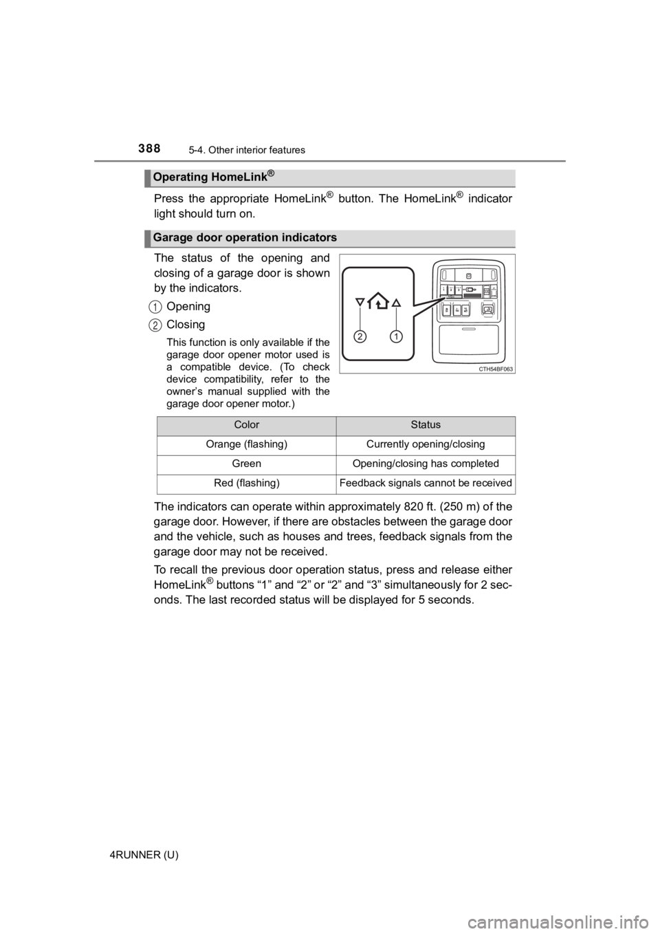 TOYOTA 4RUNNER 2021 Owners Manual (in English) 3885-4. Other interior features
4RUNNER (U)
Press the appropriate HomeLink® button. The HomeLink® indicator
light should turn on.
The status of the opening and
closing of a garage door i TOYOTA 4RUNNER 2021 Owners Manual (in English) 3885-4. Other interior features
4RUNNER (U)
Press the appropriate HomeLink® button. The HomeLink® indicator
light should turn on.
The status of the opening and
closing of a garage door i