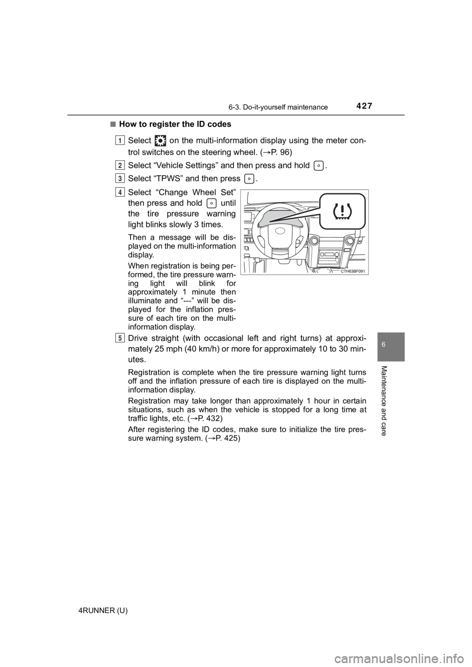 TOYOTA 4RUNNER 2021 Owners Manual (in English) 4276-3. Do-it-yourself maintenance
6
Maintenance and care
4RUNNER (U)■
How to register the ID codes
Select on the multi-information display using the meter con-
trol switches on the steeri TOYOTA 4RUNNER 2021 Owners Manual (in English) 4276-3. Do-it-yourself maintenance
6
Maintenance and care
4RUNNER (U)■
How to register the ID codes
Select on the multi-information display using the meter con-
trol switches on the steeri