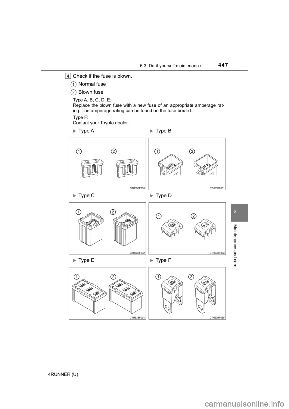 TOYOTA 4RUNNER 2021 Owners Manual (in English) 4476-3. Do-it-yourself maintenance
6
Maintenance and care
4RUNNER (U)
Check if the fuse is blown.Normal fuse
Blown fuse
Type A, B, C, D, E:
Replace the blown fuse with a new fuse of an appro TOYOTA 4RUNNER 2021 Owners Manual (in English) 4476-3. Do-it-yourself maintenance
6
Maintenance and care
4RUNNER (U)
Check if the fuse is blown.Normal fuse
Blown fuse
Type A, B, C, D, E:
Replace the blown fuse with a new fuse of an appro