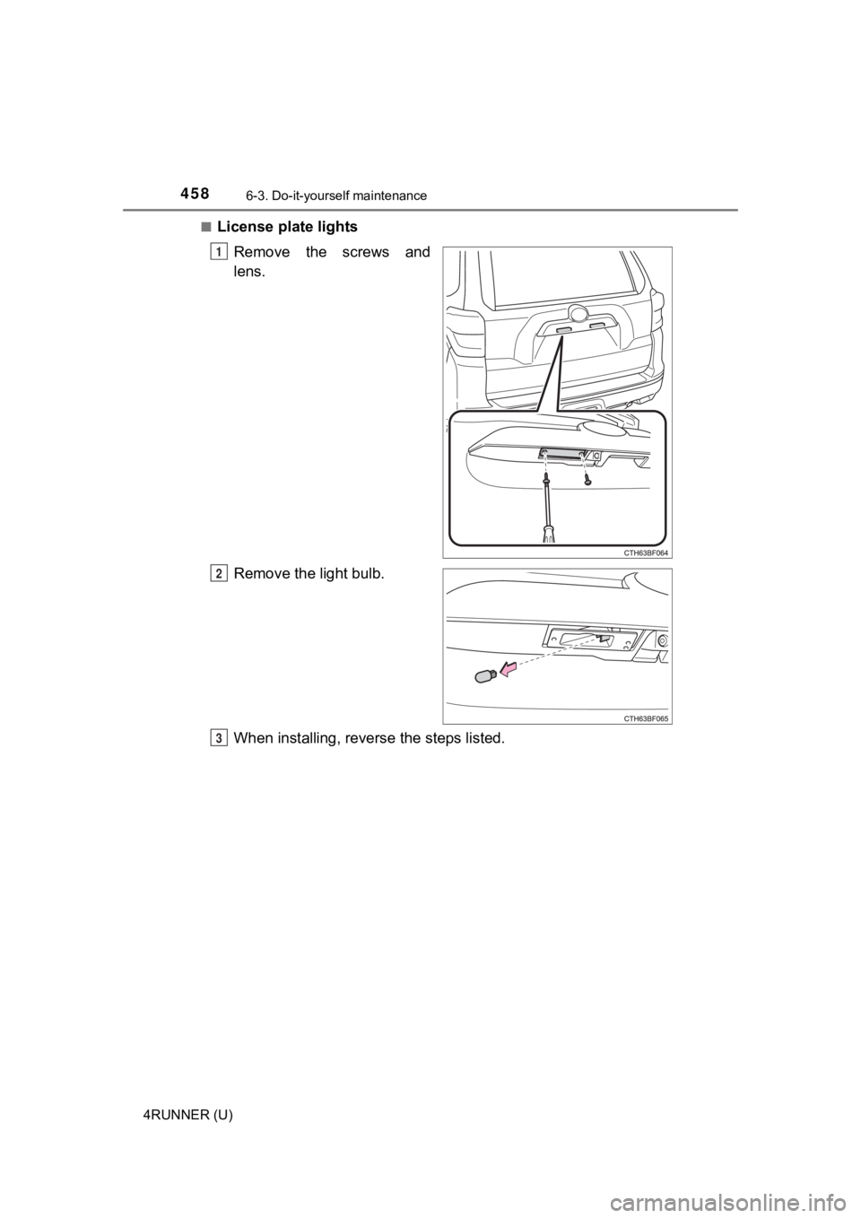 TOYOTA 4RUNNER 2021  Owners Manual (in English) 4586-3. Do-it-yourself maintenance
4RUNNER (U)■
License plate lights
Remove the screws and
lens.
Remove the light bulb.
When installing, reverse the steps listed.
1
2
3 