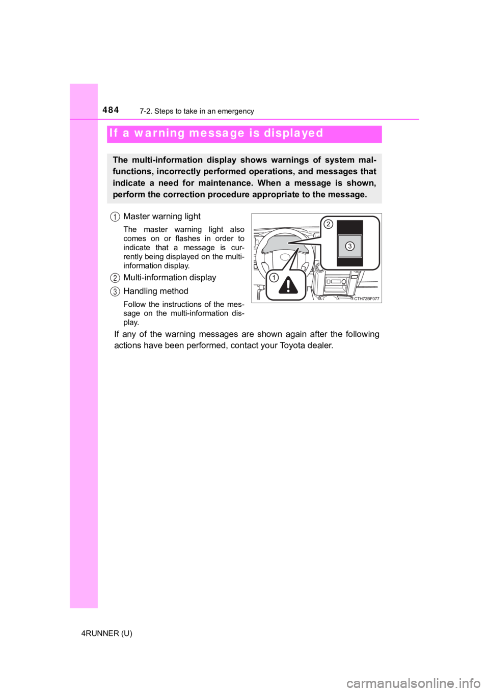 TOYOTA 4RUNNER 2021 Owners Manual (in English) 4847-2. Steps to take in an emergency
4RUNNER (U)
Master warning light
The master warning light also
comes on or flashes in order to
indicate that a message is cur-
rently being display TOYOTA 4RUNNER 2021 Owners Manual (in English) 4847-2. Steps to take in an emergency
4RUNNER (U)
Master warning light
The master warning light also
comes on or flashes in order to
indicate that a message is cur-
rently being display
