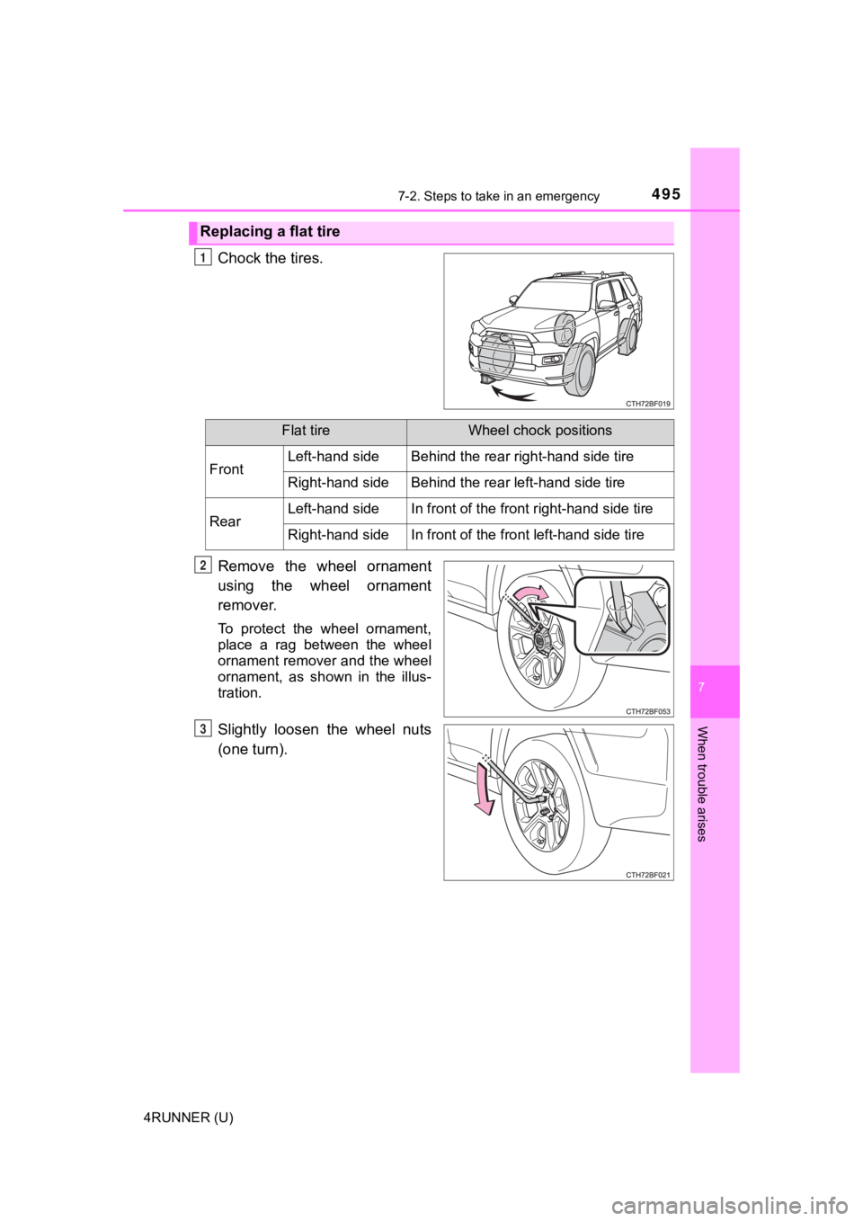 TOYOTA 4RUNNER 2021  Owners Manual (in English) 4957-2. Steps to take in an emergency
7
When trouble arises
4RUNNER (U)
Chock the tires.
Remove  the  wheel  ornament
using  the  wheel  ornament
remover.
To  protect  the  wheel  ornament,
place  a  