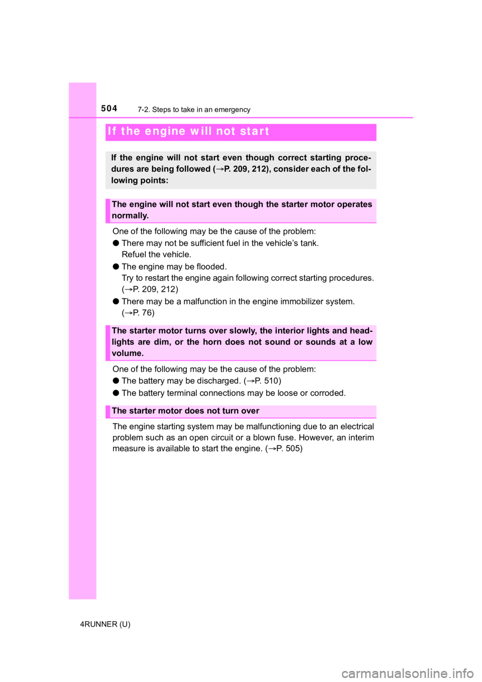 TOYOTA 4RUNNER 2021 Owners Manual (in English) 5047-2. Steps to take in an emergency
4RUNNER (U)
One of the following may be the cause of the problem:
● There may not be sufficient fuel in the vehicle’s tank.
Refuel the vehicle.
● The engin TOYOTA 4RUNNER 2021 Owners Manual (in English) 5047-2. Steps to take in an emergency
4RUNNER (U)
One of the following may be the cause of the problem:
● There may not be sufficient fuel in the vehicle’s tank.
Refuel the vehicle.
● The engin
