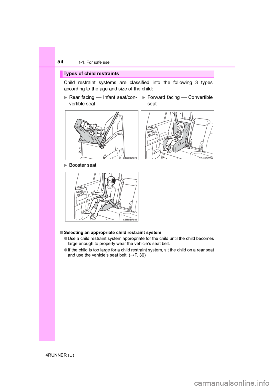 TOYOTA 4RUNNER 2021 (in English) Workshop Manual 541-1. For safe use
4RUNNER (U)
Child restraint systems are classified into the following 3 types
according to the age a nd size of the child:
■Selecting an appropriate child restraint syst TOYOTA 4RUNNER 2021 (in English) Workshop Manual 541-1. For safe use
4RUNNER (U)
Child restraint systems are classified into the following 3 types
according to the age a nd size of the child:
■Selecting an appropriate child restraint syst