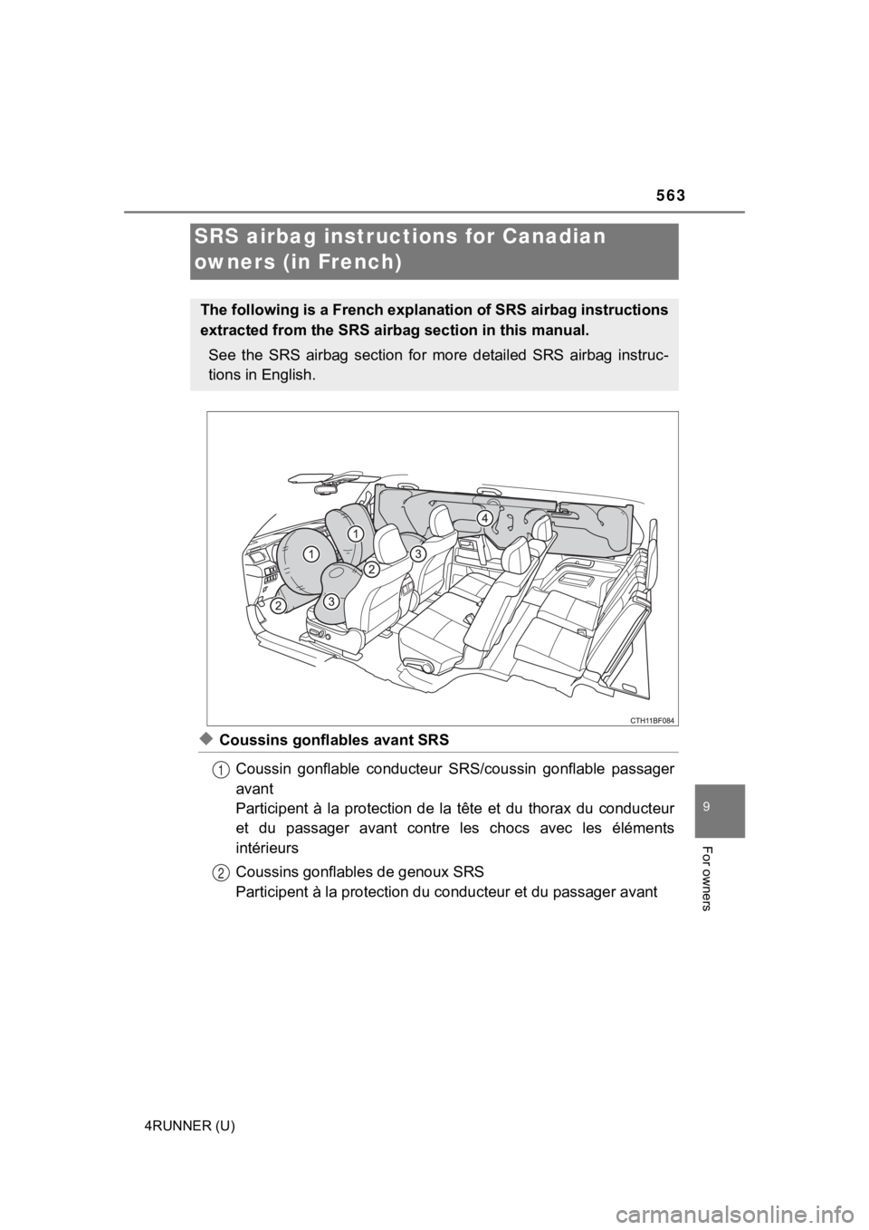 TOYOTA 4RUNNER 2021 Owners Manual (in English) 563
9
For owners
4RUNNER (U)
◆Coussins gonflables avant SRSCoussin gonflable conducteur SRS/coussin gonflable passager
avant
Participent à la protection de la tête et du thorax du TOYOTA 4RUNNER 2021 Owners Manual (in English) 563
9
For owners
4RUNNER (U)
◆Coussins gonflables avant SRSCoussin gonflable conducteur SRS/coussin gonflable passager
avant
Participent à la protection de la tête et du thorax du
