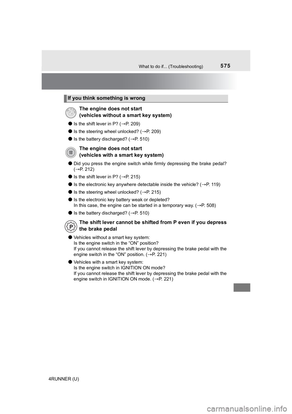 TOYOTA 4RUNNER 2021 Owners Manual (in English) 575What to do if... (Troubleshooting)
4RUNNER (U)
●Is the shift lever in P? (P. 209)
●Is the steering wheel unlocked? ( P. 209)
●Is the battery discharged? (P. 510)
●Did you press TOYOTA 4RUNNER 2021 Owners Manual (in English) 575What to do if... (Troubleshooting)
4RUNNER (U)
●Is the shift lever in P? (P. 209)
●Is the steering wheel unlocked? ( P. 209)
●Is the battery discharged? (P. 510)
●Did you press