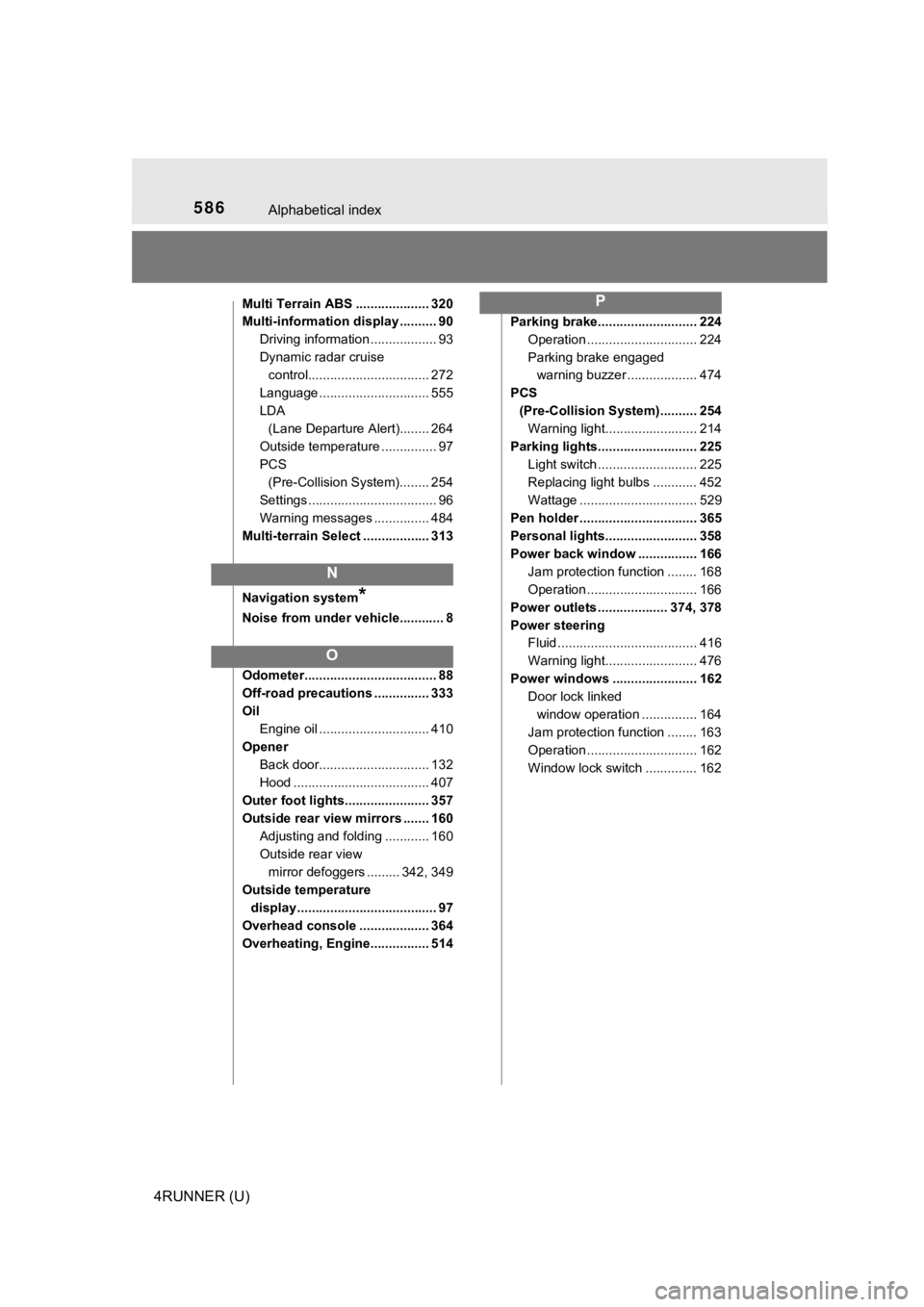 TOYOTA 4RUNNER 2021  Owners Manual (in English) 586Alphabetical index
4RUNNER (U)
Multi Terrain ABS .................... 320
Multi-information display .......... 90Driving information .................. 93
Dynamic radar cruise control..............