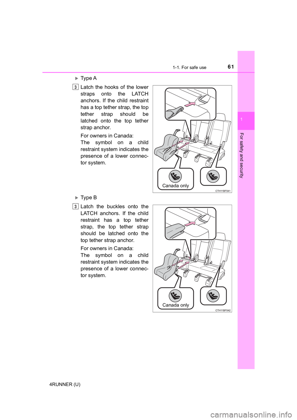 TOYOTA 4RUNNER 2021 (in English) Repair Manual 611-1. For safe use
1
For safety and security
4RUNNER (U)
Ty p e A
Latch the hooks of the lower
straps onto the LATCH
anchors. If the child restraint
has a top tether strap, the top
te TOYOTA 4RUNNER 2021 (in English) Repair Manual 611-1. For safe use
1
For safety and security
4RUNNER (U)
Ty p e A
Latch the hooks of the lower
straps onto the LATCH
anchors. If the child restraint
has a top tether strap, the top
te