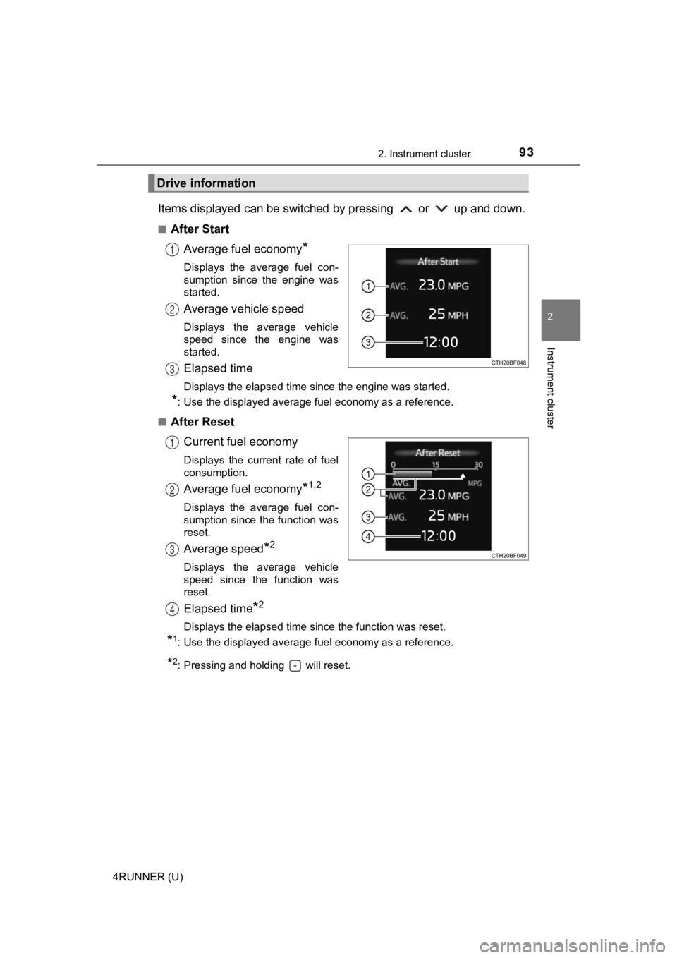 TOYOTA 4RUNNER 2021 Owners Manual (in English) 932. Instrument cluster
2
Instrument cluster
4RUNNER (U)
Items displayed can be switched by pressing or up and down.
■After StartAverage fuel economy
*
Displays the average fuel con-
sumptio TOYOTA 4RUNNER 2021 Owners Manual (in English) 932. Instrument cluster
2
Instrument cluster
4RUNNER (U)
Items displayed can be switched by pressing or up and down.
■After StartAverage fuel economy
*
Displays the average fuel con-
sumptio