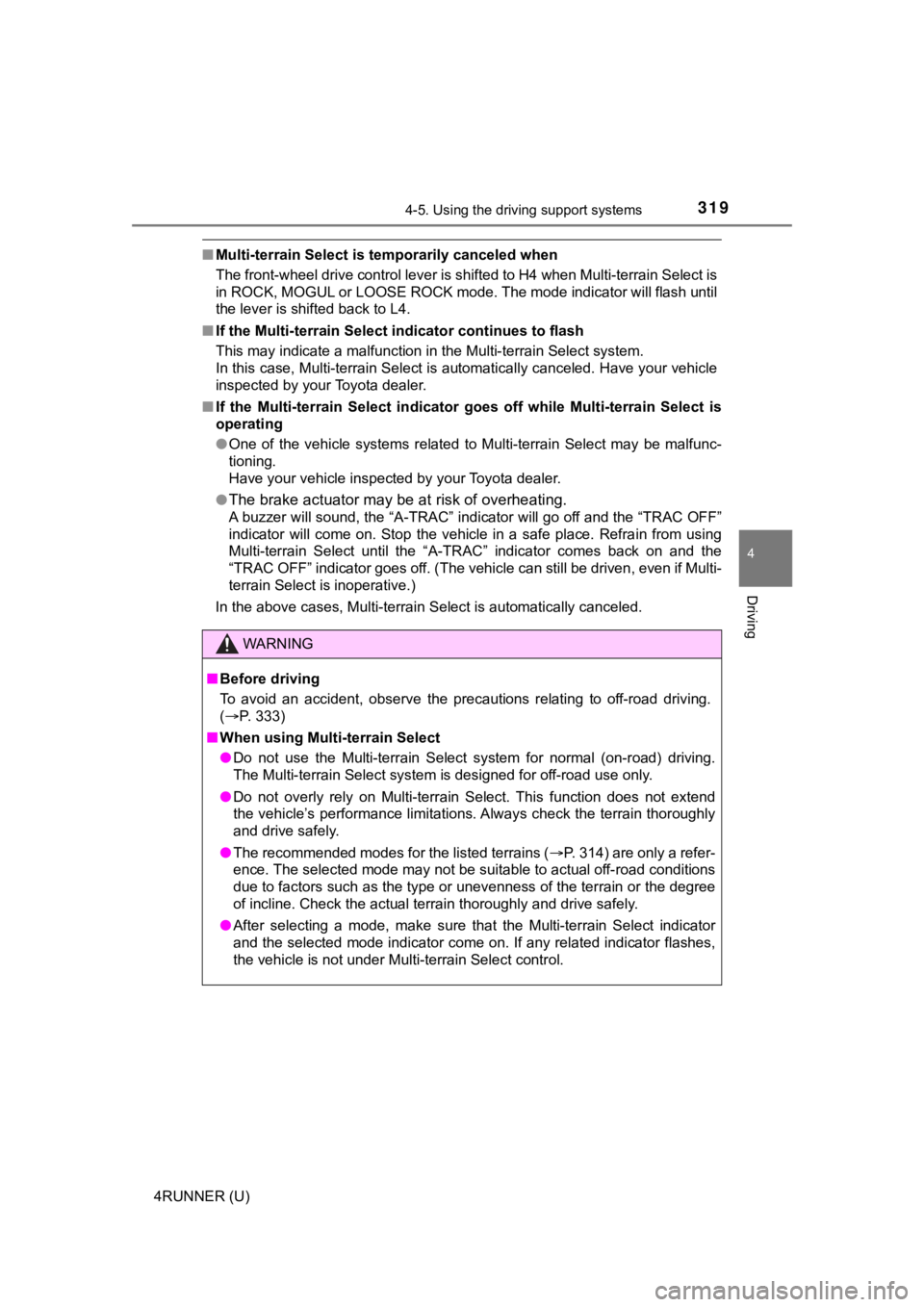TOYOTA 4RUNNER 2021  Owners Manual (in English) 3194-5. Using the driving support systems
4
Driving
4RUNNER (U)
■Multi-terrain Select is temporarily canceled when
The front-wheel drive control lever is shifted to H4 when Multi -terrain Select is
