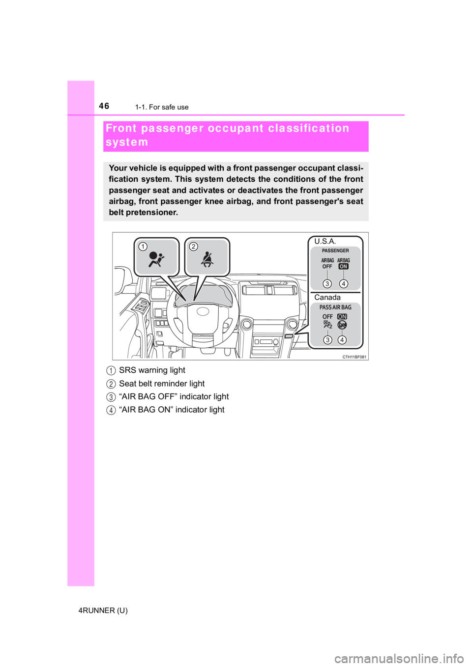 TOYOTA 4RUNNER 2021 Owners Manual (in English) 461-1. For safe use
4RUNNER (U)
SRS warning light
Seat belt reminder light
“AIR BAG OFF” indicator light
“AIR BAG ON” indicator light
Front passenger occupant classification
system
Your vehic TOYOTA 4RUNNER 2021 Owners Manual (in English) 461-1. For safe use
4RUNNER (U)
SRS warning light
Seat belt reminder light
“AIR BAG OFF” indicator light
“AIR BAG ON” indicator light
Front passenger occupant classification
system
Your vehic