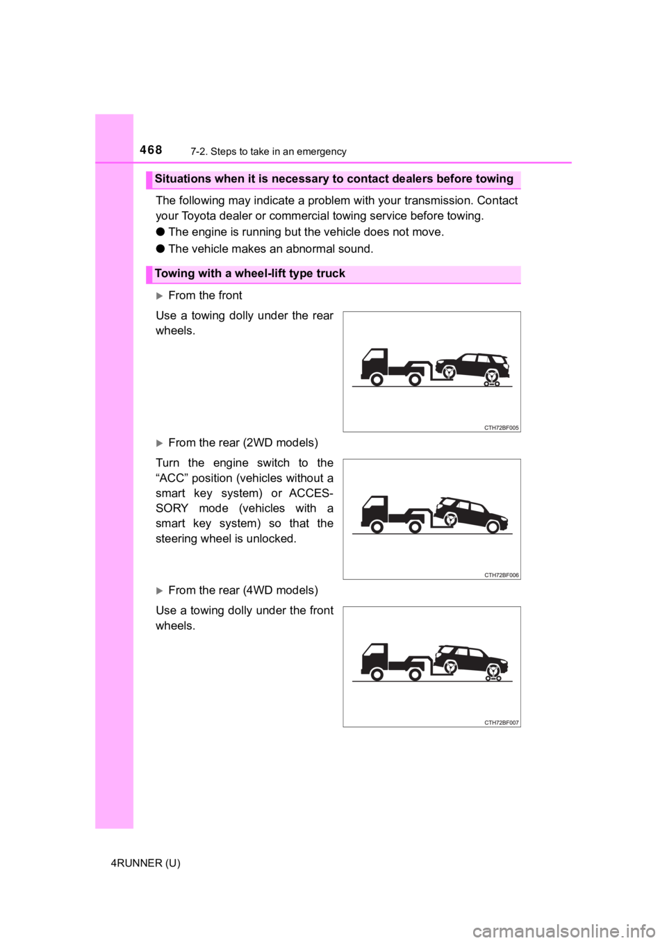 TOYOTA 4RUNNER 2021  Owners Manual (in English) 4687-2. Steps to take in an emergency
4RUNNER (U)
The following may indicate a problem with your transmission. Contact
your Toyota dealer or commercial  towing service before towing.
● The engine is