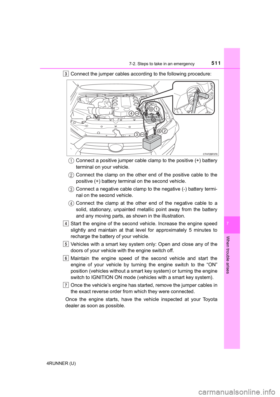 TOYOTA 4RUNNER 2021  Owners Manual (in English) 5117-2. Steps to take in an emergency
7
When trouble arises
4RUNNER (U)
Connect the jumper cables according to the following procedure:Connect a positive jumper cable clamp to the positive (+) batte r