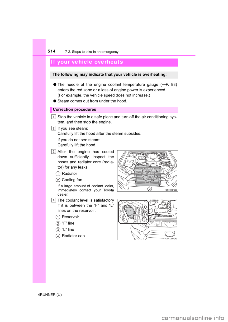 TOYOTA 4RUNNER 2021  Owners Manual (in English) 5147-2. Steps to take in an emergency
4RUNNER (U)
●The  needle  of  the  engine  coolant  temperature  gauge  ( P.   8 8 )
enters the red zone o r a loss of engine power is experienced.
(For exam