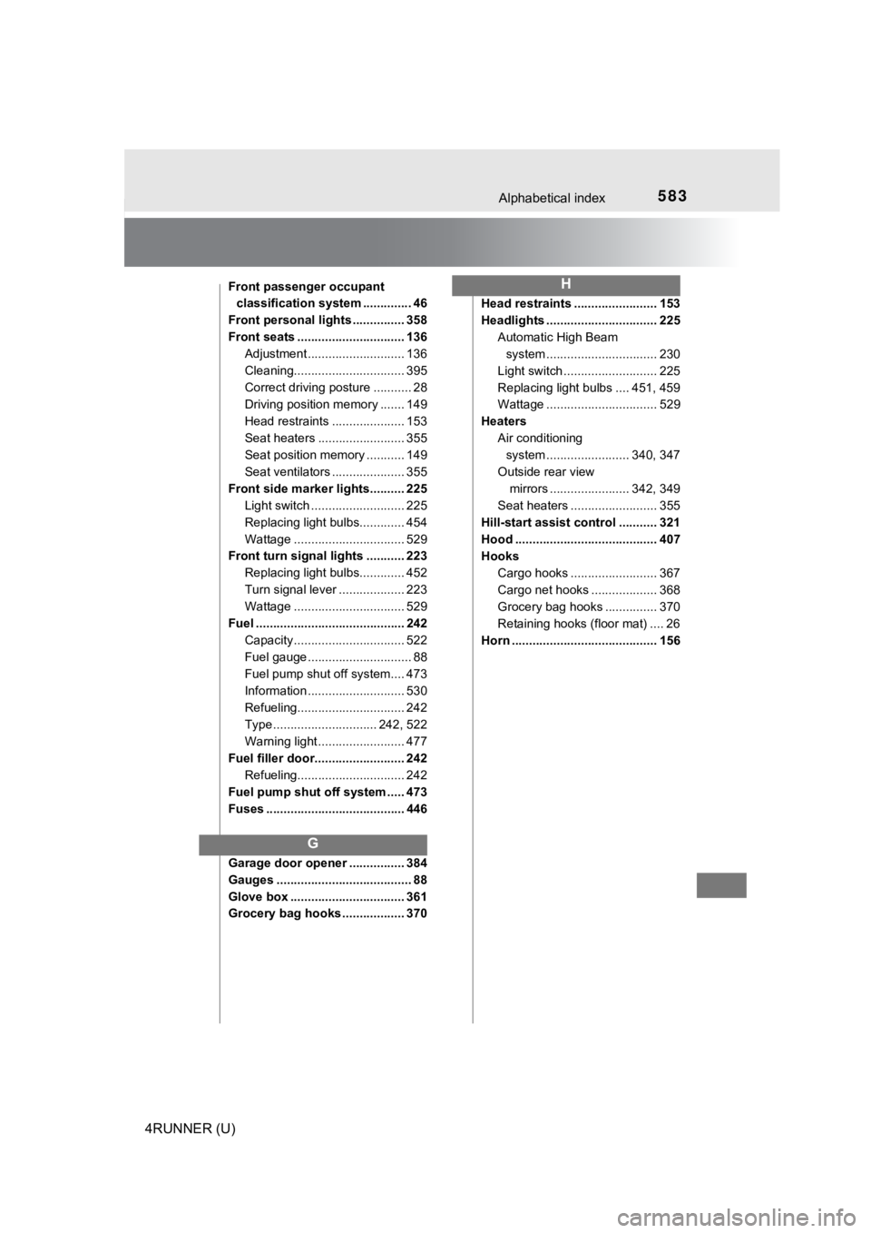 TOYOTA 4RUNNER 2021  Owners Manual (in English) 583Alphabetical index
4RUNNER (U)
Front passenger occupant classification system .............. 46
Front personal lights ............... 358
Front seats ............................... 136 Adjustment 