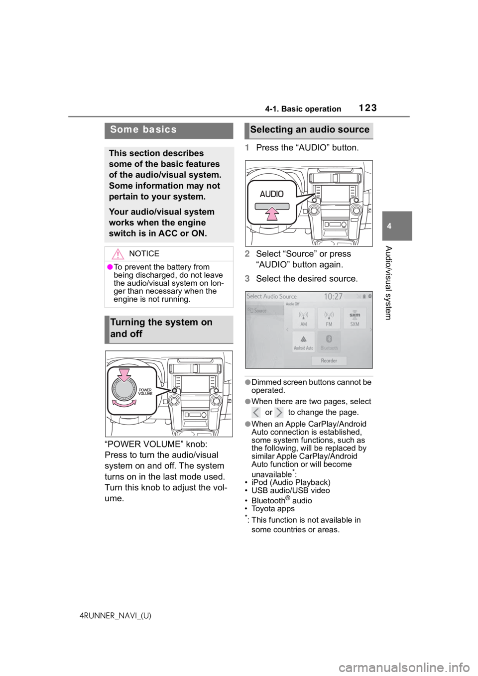 TOYOTA 4RUNNER 2021 Accessories, Audio & Navigation (in English) 1234-1. Basic operation
4
Audio/visual system
4RUNNER_NAVI_(U)
“POWER VOLUME” knob:
Press to turn the audio/visual
system on and off. The system
turns on in the last mode used.
Turn this knob TOYOTA 4RUNNER 2021 Accessories, Audio & Navigation (in English) 1234-1. Basic operation
4
Audio/visual system
4RUNNER_NAVI_(U)
“POWER VOLUME” knob:
Press to turn the audio/visual
system on and off. The system
turns on in the last mode used.
Turn this knob
