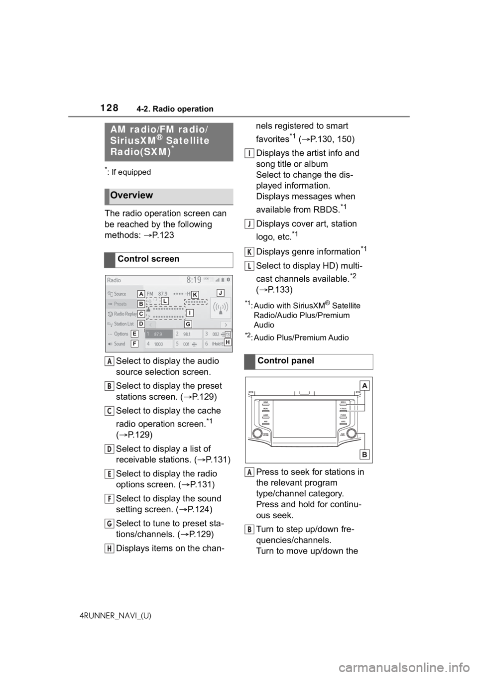 TOYOTA 4RUNNER 2021 Accessories, Audio & Navigation (in English) 1284-2. Radio operation
4RUNNER_NAVI_(U)
4-2.Radio operation
*: If equipped
The radio operation screen can
be reached by the following
methods: P. 1 2 3
Select to display the audio
source select TOYOTA 4RUNNER 2021 Accessories, Audio & Navigation (in English) 1284-2. Radio operation
4RUNNER_NAVI_(U)
4-2.Radio operation
*: If equipped
The radio operation screen can
be reached by the following
methods: P. 1 2 3
Select to display the audio
source select