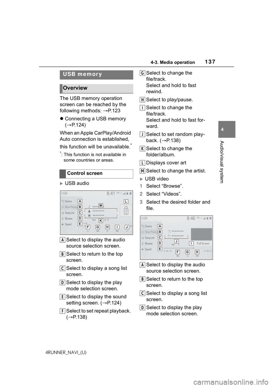 TOYOTA 4RUNNER 2021 Accessories, Audio & Navigation (in English) 1374-3. Media operation
4
Audio/visual system
4RUNNER_NAVI_(U)
4-3.Media operation
The USB memory operation
screen can be reached by the
following methods: P. 1 2 3
Connecting a USB memory
( TOYOTA 4RUNNER 2021 Accessories, Audio & Navigation (in English) 1374-3. Media operation
4
Audio/visual system
4RUNNER_NAVI_(U)
4-3.Media operation
The USB memory operation
screen can be reached by the
following methods: P. 1 2 3
Connecting a USB memory
(