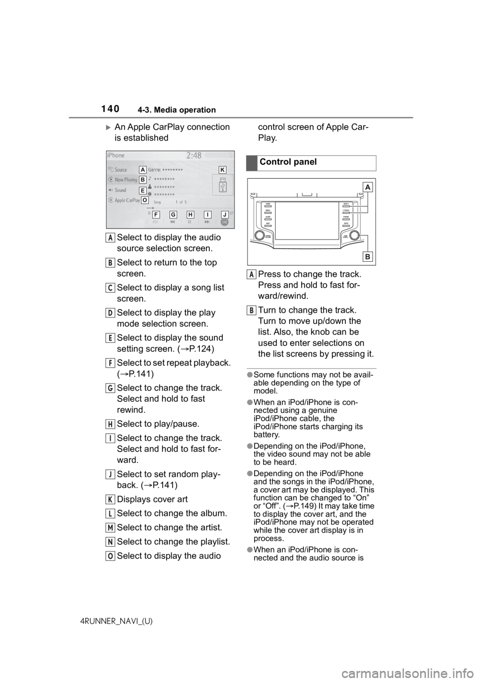 TOYOTA 4RUNNER 2021 Accessories, Audio & Navigation (in English) 1404-3. Media operation
4RUNNER_NAVI_(U)
An Apple CarPlay connection
is establishedSelect to display the audio
source selection screen.
Select to return to the top
screen.
Select to display a so TOYOTA 4RUNNER 2021 Accessories, Audio & Navigation (in English) 1404-3. Media operation
4RUNNER_NAVI_(U)
An Apple CarPlay connection
is establishedSelect to display the audio
source selection screen.
Select to return to the top
screen.
Select to display a so