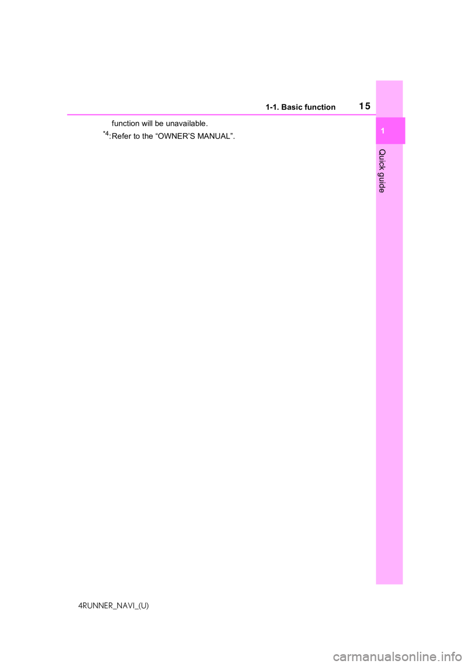 TOYOTA 4RUNNER 2021  Accessories, Audio & Navigation (in English) 151-1. Basic function
1
Quick guide
4RUNNER_NAVI_(U)function will be unavailable.
*4: Refer to the “OWNER’S MANUAL”. 