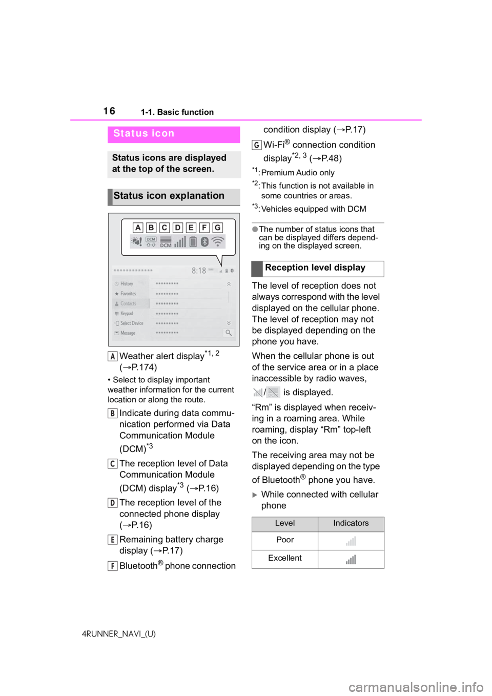 TOYOTA 4RUNNER 2021  Accessories, Audio & Navigation (in English) 161-1. Basic function
4RUNNER_NAVI_(U)
Weather alert display*1, 2 
( P.174)
• Select to display important 
weather information for the current 
location or along the route.
Indicate during data c