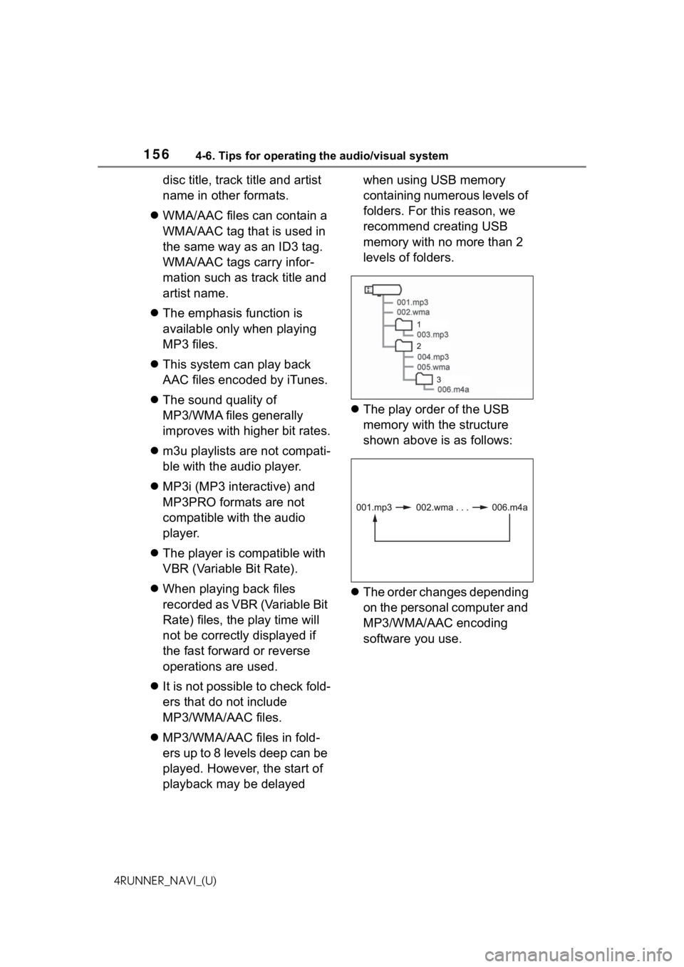 TOYOTA 4RUNNER 2021  Accessories, Audio & Navigation (in English) 1564-6. Tips for operating the audio/visual system
4RUNNER_NAVI_(U)
disc title, track title and artist 
name in other formats.
 WMA/AAC files can contain a 
WMA/AAC tag that is used in 
the same wa