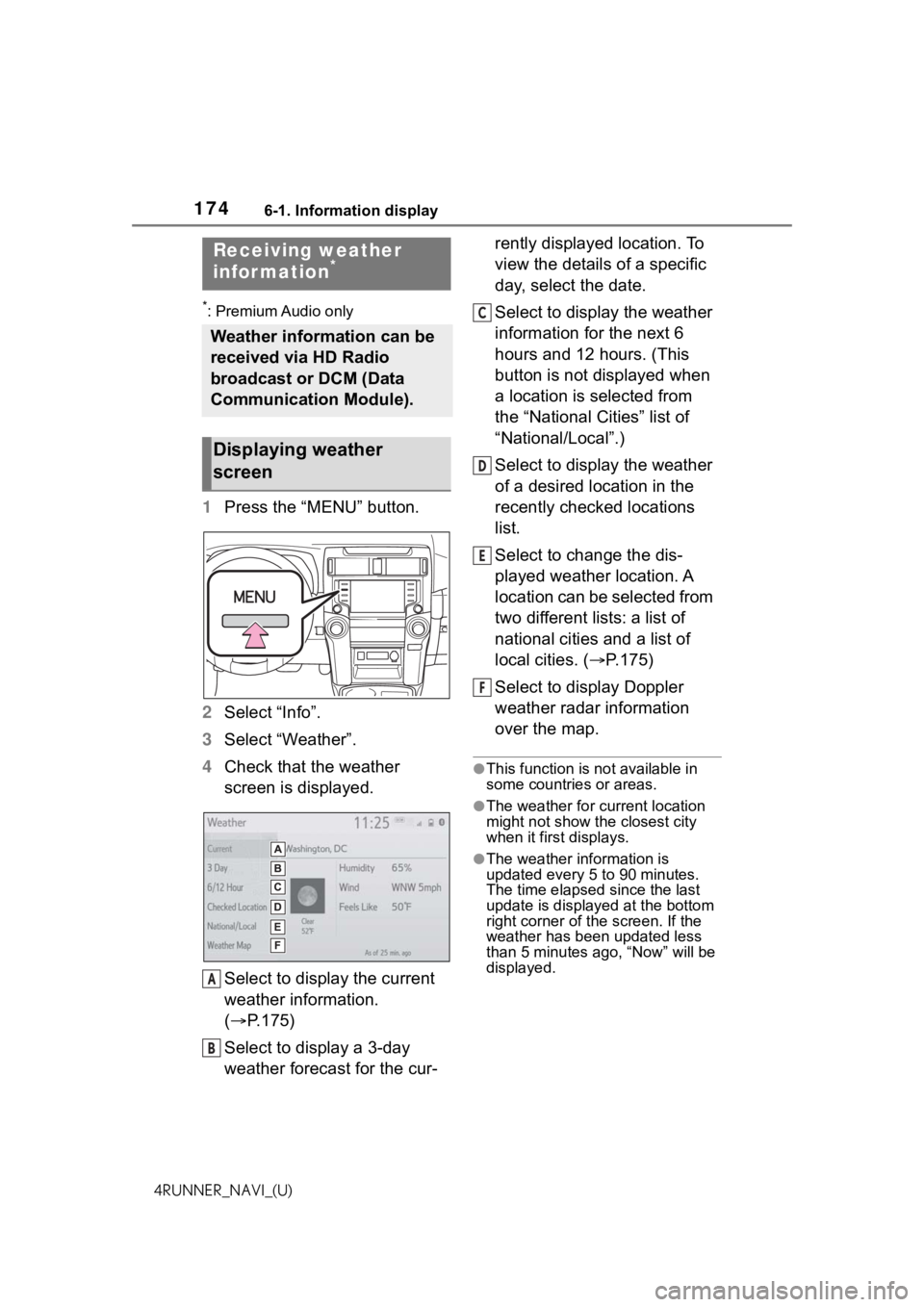 TOYOTA 4RUNNER 2021 Accessories, Audio & Navigation (in English) 1746-1. Information display
4RUNNER_NAVI_(U)
6-1.Information display
*: Premium Audio only
1Press the “MENU” button.
2 Select “Info”.
3 Select “Weather”.
4 Check that the weather
screen i TOYOTA 4RUNNER 2021 Accessories, Audio & Navigation (in English) 1746-1. Information display
4RUNNER_NAVI_(U)
6-1.Information display
*: Premium Audio only
1Press the “MENU” button.
2 Select “Info”.
3 Select “Weather”.
4 Check that the weather
screen i
