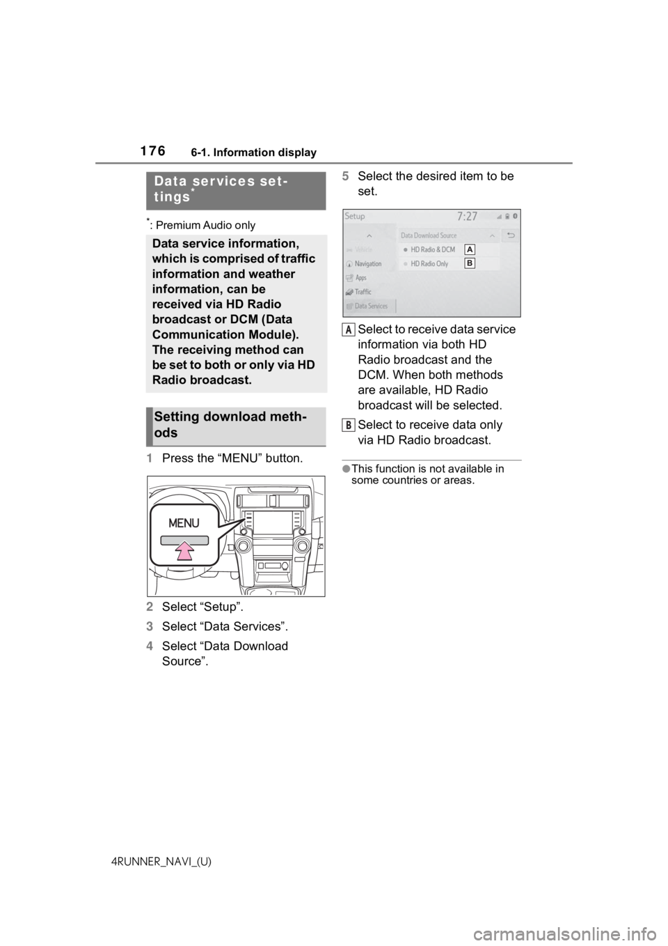 TOYOTA 4RUNNER 2021 Accessories, Audio & Navigation (in English) 1766-1. Information display
4RUNNER_NAVI_(U)
*: Premium Audio only
1Press the “MENU” button.
2 Select “Setup”.
3 Select “Data Services”.
4 Select “Data Download
Source”. 5
Select the TOYOTA 4RUNNER 2021 Accessories, Audio & Navigation (in English) 1766-1. Information display
4RUNNER_NAVI_(U)
*: Premium Audio only
1Press the “MENU” button.
2 Select “Setup”.
3 Select “Data Services”.
4 Select “Data Download
Source”. 5
Select the