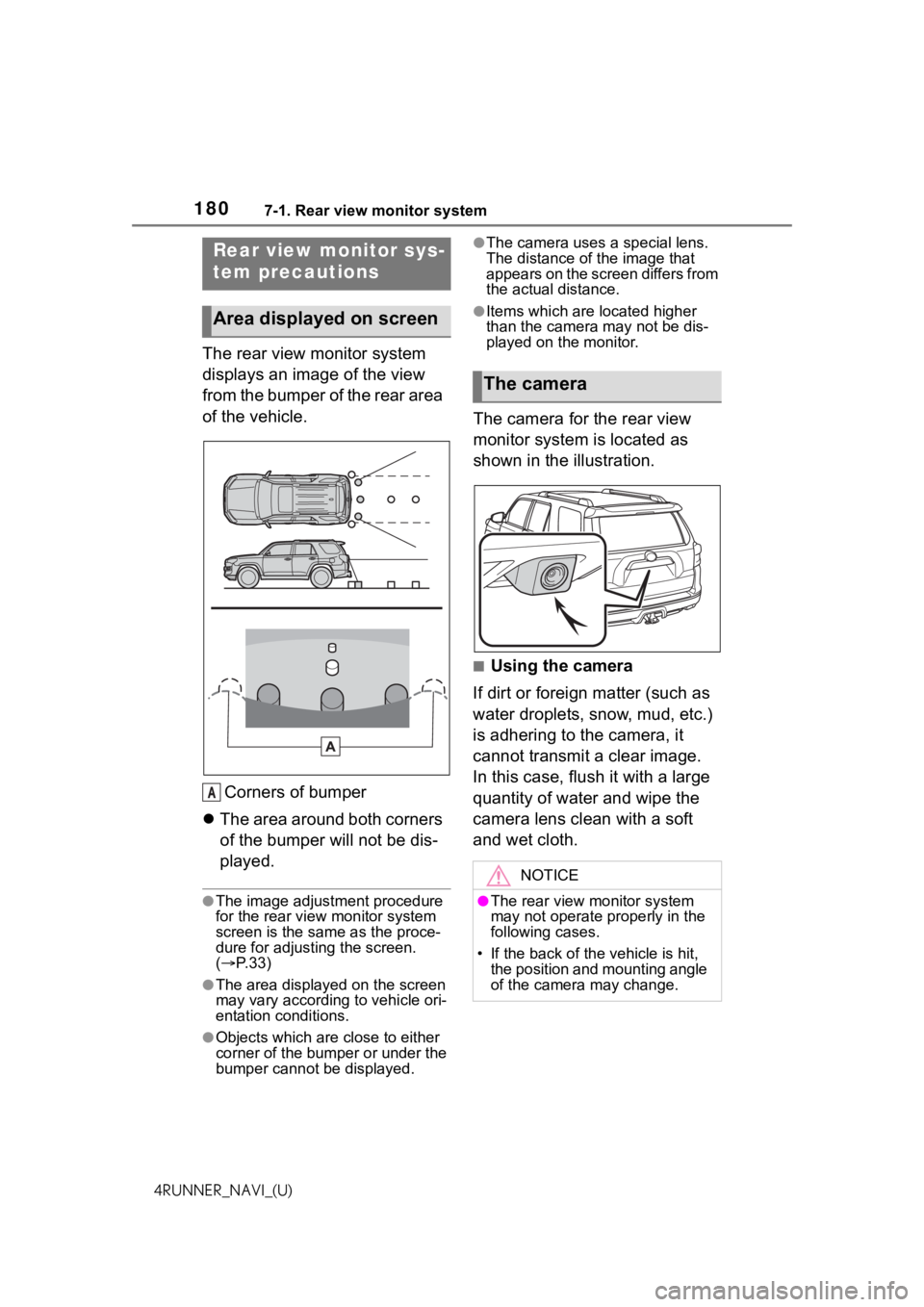 TOYOTA 4RUNNER 2021  Accessories, Audio & Navigation (in English) 1807-1. Rear view monitor system
4RUNNER_NAVI_(U)
The rear view monitor system 
displays an image of the view 
from the bumper of the rear area 
of the vehicle.Corners of bumper
 The area around bo