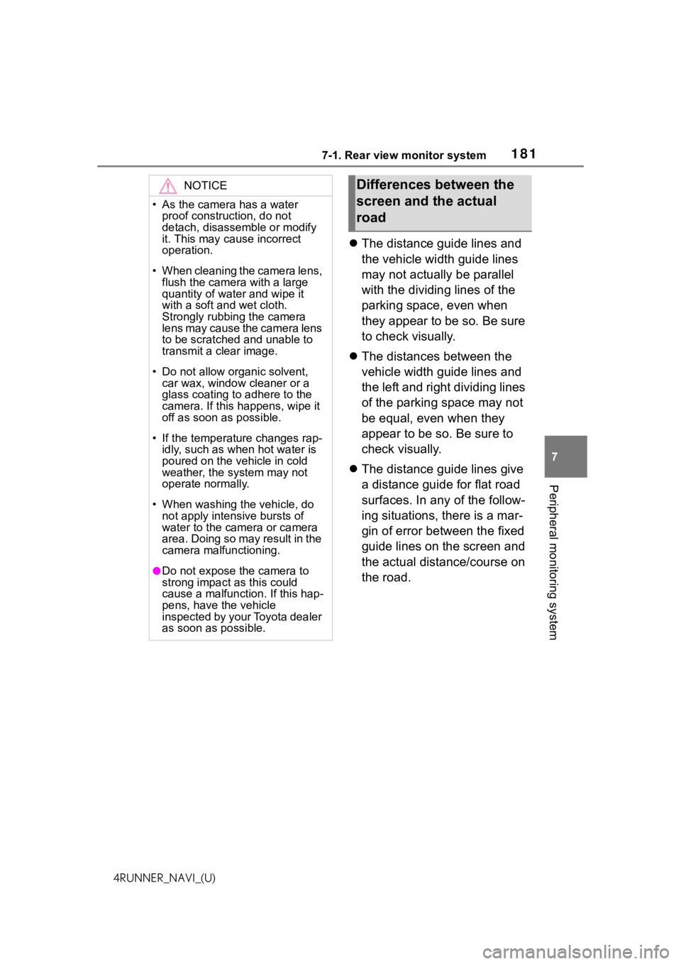 TOYOTA 4RUNNER 2021  Accessories, Audio & Navigation (in English) 1817-1. Rear view monitor system
7
Peripheral monitoring system
4RUNNER_NAVI_(U)
The distance guide lines and 
the vehicle width guide lines 
may not actually be parallel 
with the dividing lines o