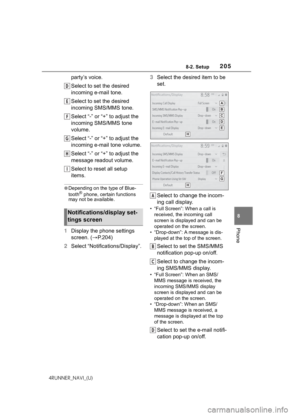 TOYOTA 4RUNNER 2021 Accessories, Audio & Navigation (in English) 2058-2. Setup
8
Phone
4RUNNER_NAVI_(U)
party’s voice.
Select to set the desired
incoming e-mail tone.
Select to set the desired
incoming SMS/MMS tone.
Select “-” or “+” to adjust the
inco TOYOTA 4RUNNER 2021 Accessories, Audio & Navigation (in English) 2058-2. Setup
8
Phone
4RUNNER_NAVI_(U)
party’s voice.
Select to set the desired
incoming e-mail tone.
Select to set the desired
incoming SMS/MMS tone.
Select “-” or “+” to adjust the
inco