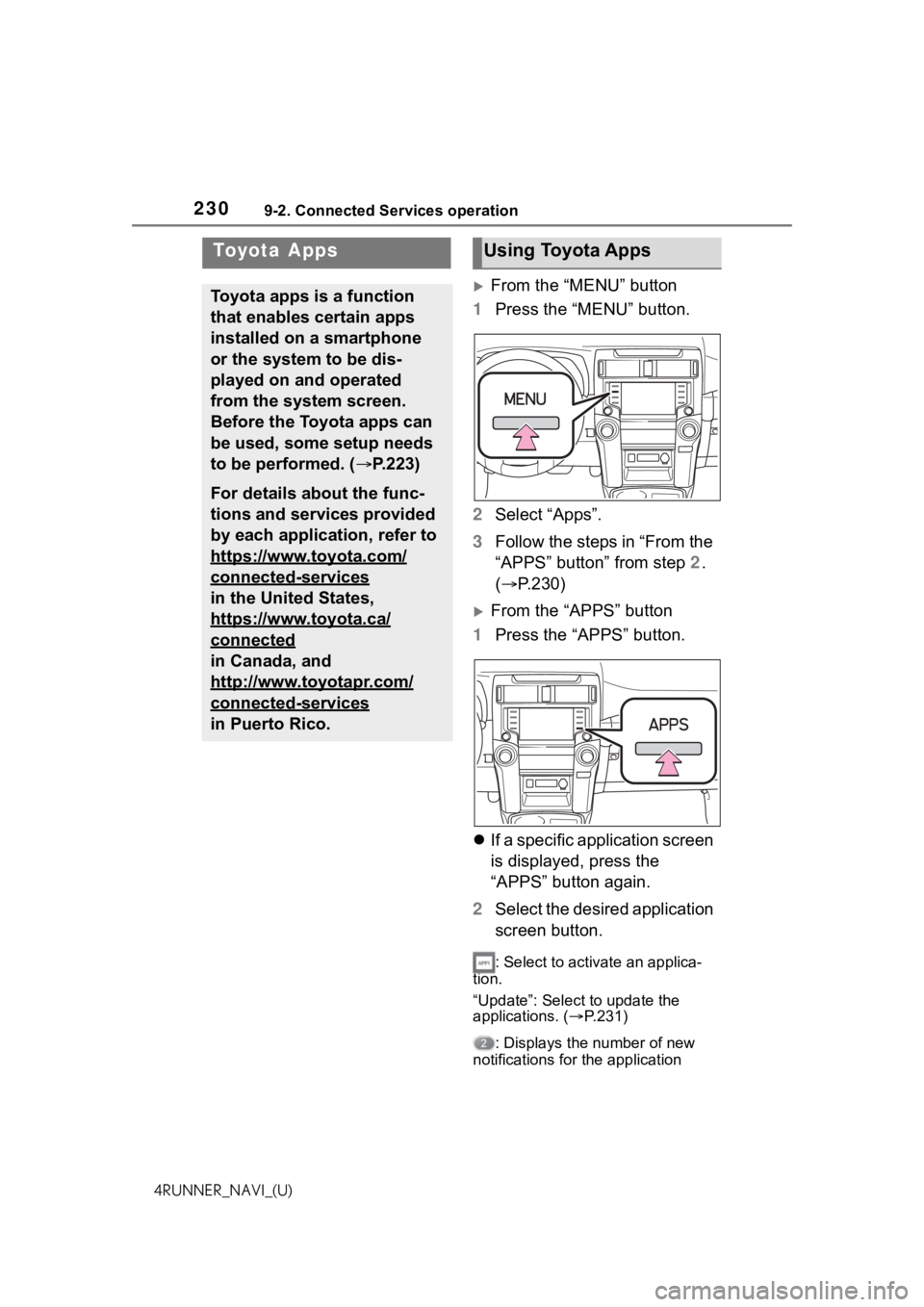 TOYOTA 4RUNNER 2021 Accessories, Audio & Navigation (in English) 2309-2. Connected Services operation
4RUNNER_NAVI_(U)
9-2.Connected Services operation
From the “MENU” button
1 Press the “MENU” button.
2 Select “Apps”.
3 Follow the steps in “From t TOYOTA 4RUNNER 2021 Accessories, Audio & Navigation (in English) 2309-2. Connected Services operation
4RUNNER_NAVI_(U)
9-2.Connected Services operation
From the “MENU” button
1 Press the “MENU” button.
2 Select “Apps”.
3 Follow the steps in “From t