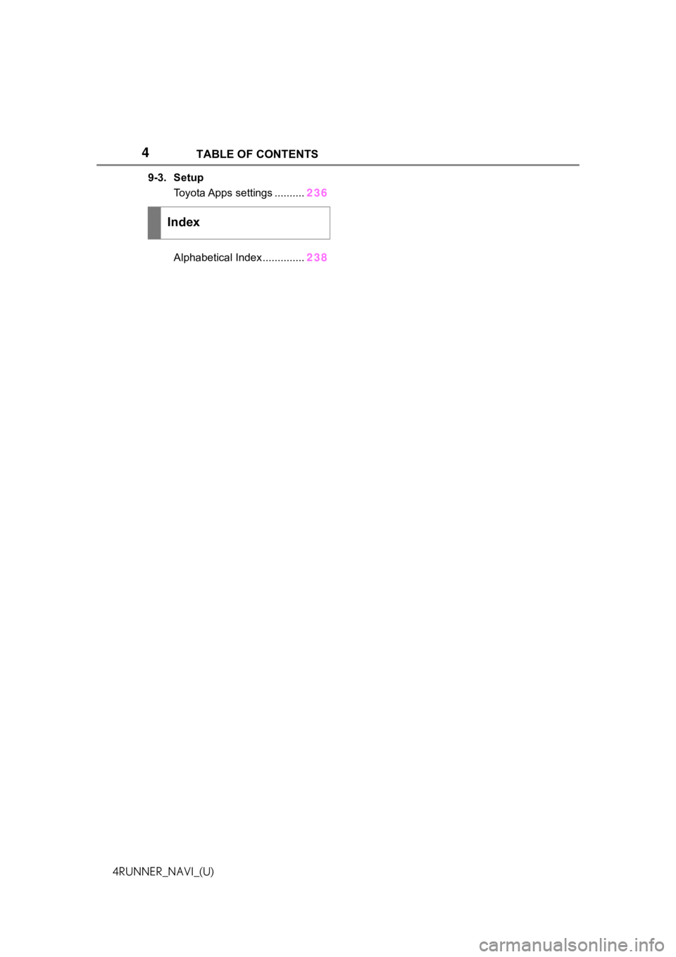 TOYOTA 4RUNNER 2021  Accessories, Audio & Navigation (in English) 4 TABLE OF CONTENTS
4RUNNER_NAVI_(U)
9-3. SetupToyota Apps settings .......... 236
Alphabetical Index .............. 238
Index 