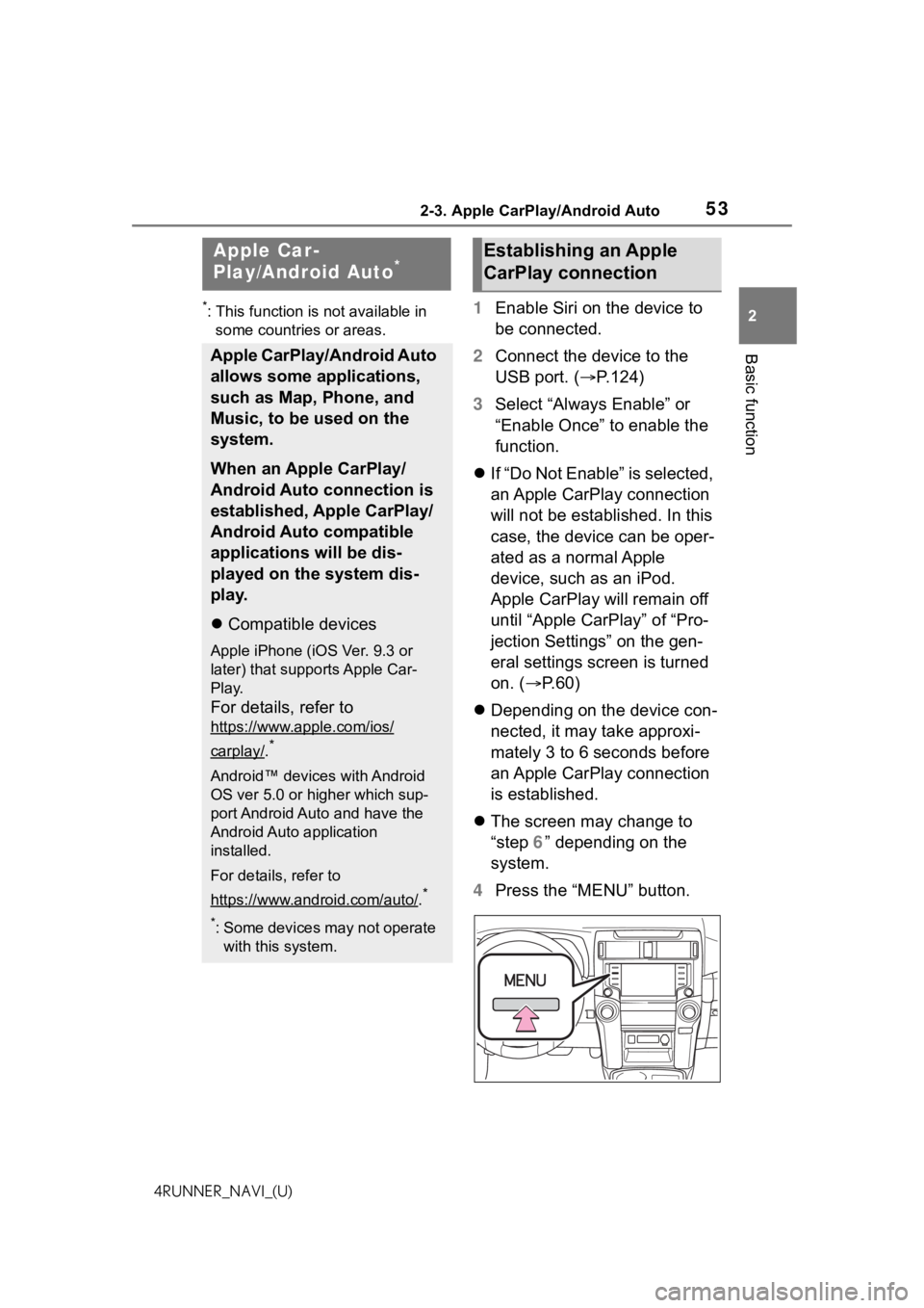 TOYOTA 4RUNNER 2021 Accessories, Audio & Navigation (in English) 532-3. Apple CarPlay/Android Auto
2
Basic function
4RUNNER_NAVI_(U)
2-3.Apple CarPlay/Android Auto
*: This function is not available in some countries or areas.1 Enable Siri on the device to
be conne TOYOTA 4RUNNER 2021 Accessories, Audio & Navigation (in English) 532-3. Apple CarPlay/Android Auto
2
Basic function
4RUNNER_NAVI_(U)
2-3.Apple CarPlay/Android Auto
*: This function is not available in some countries or areas.1 Enable Siri on the device to
be conne