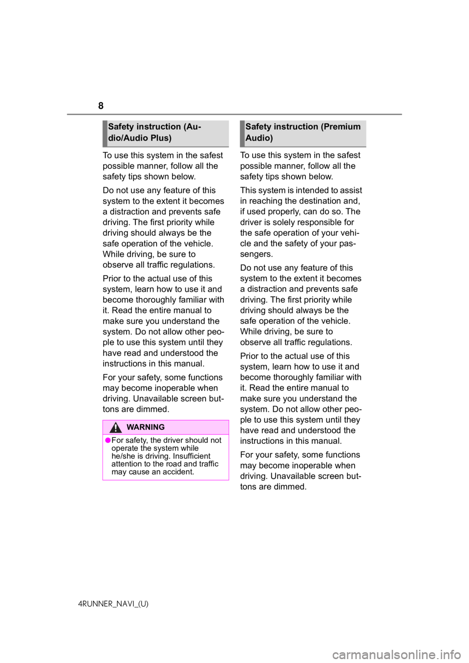 TOYOTA 4RUNNER 2021  Accessories, Audio & Navigation (in English) 8
4RUNNER_NAVI_(U)
To use this system in the safest 
possible manner, follow all the 
safety tips shown below.
Do not use any feature of this 
system to the extent it becomes 
a distraction and preven