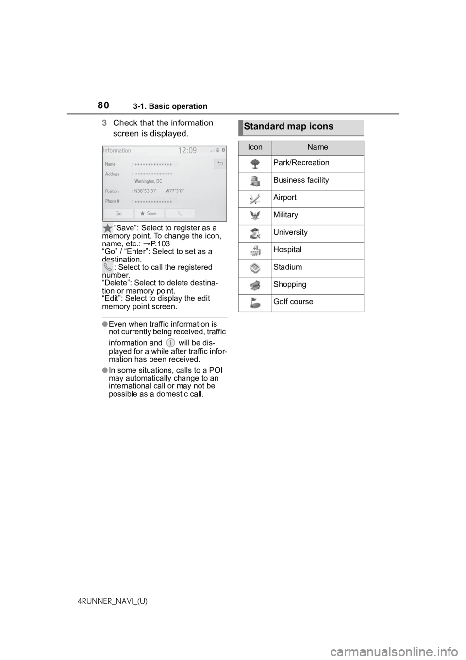 TOYOTA 4RUNNER 2021 Accessories, Audio & Navigation (in English) 803-1. Basic operation
4RUNNER_NAVI_(U)
3Check that the information
screen is displayed.
“Save”: Select to register as a
memory point. To change the icon,
name, etc.: P. 1 0 3
“Go” / TOYOTA 4RUNNER 2021 Accessories, Audio & Navigation (in English) 803-1. Basic operation
4RUNNER_NAVI_(U)
3Check that the information
screen is displayed.
“Save”: Select to register as a
memory point. To change the icon,
name, etc.: P. 1 0 3
“Go” /