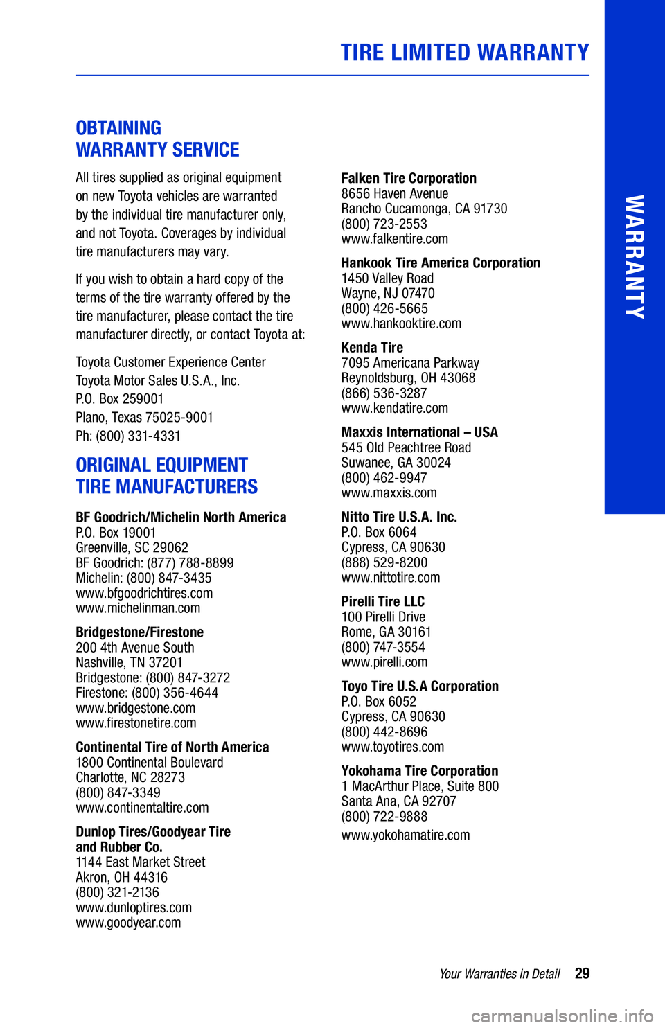 TOYOTA 4RUNNER 2021  Warranties & Maintenance Guides (in English) 29Your Warranties in Detail
WARRANTY
OBTAINING  
WARRANTY SERVICE
All tires supplied as original equipment  
on new Toyota vehicles are warranted  
by the individual tire manufacturer only,   
and not