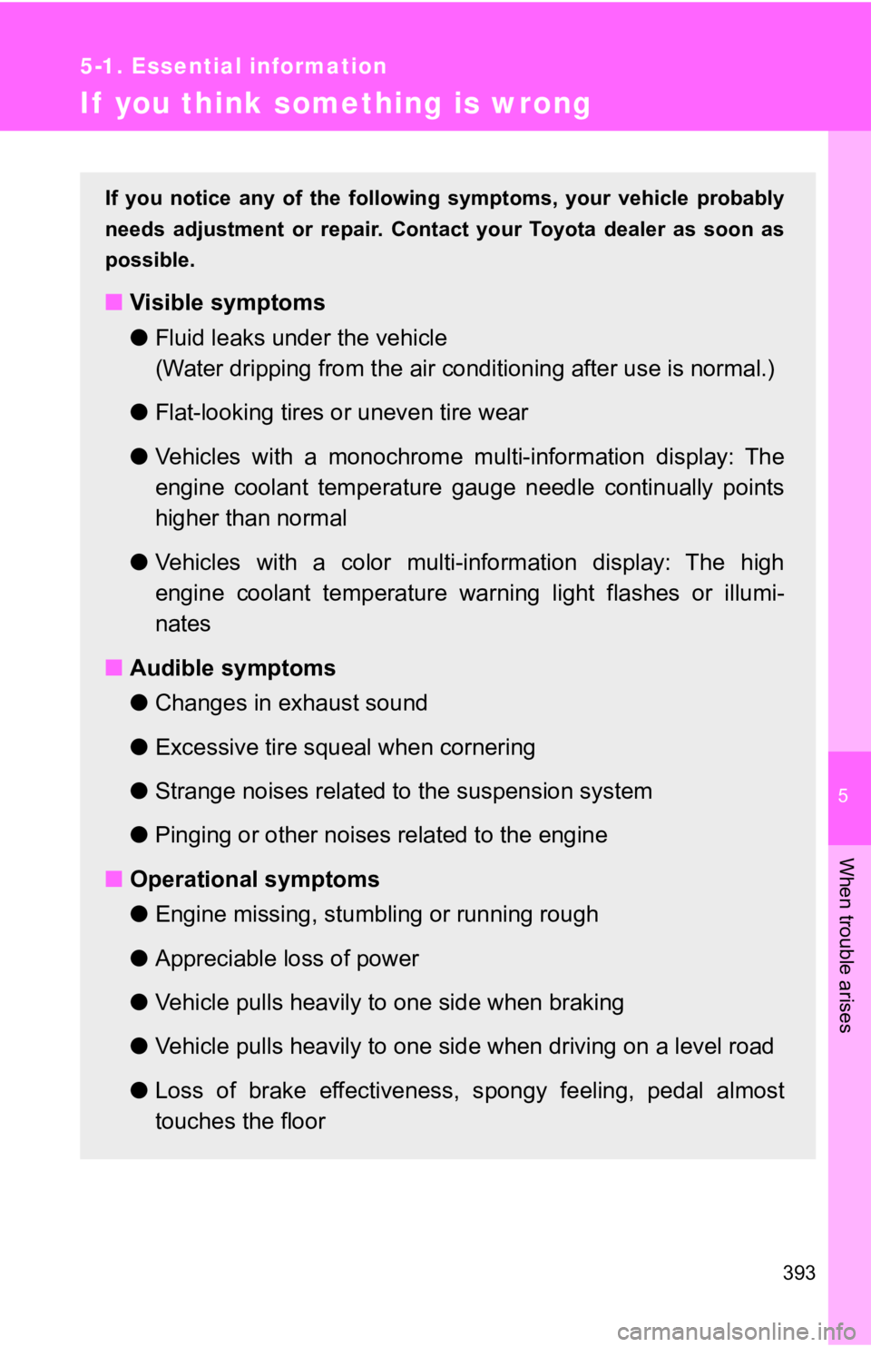 TOYOTA GT86 2018 Owners Manual (in English) 5
When trouble arises
393
5-1. Essential information
If you think something is wrong
If you notice any of the following symptoms, your vehicle proba bly
needs adjustment or repair. Cont TOYOTA GT86 2018 Owners Manual (in English) 5
When trouble arises
393
5-1. Essential information
If you think something is wrong
If you notice any of the following symptoms, your vehicle proba bly
needs adjustment or repair. Cont