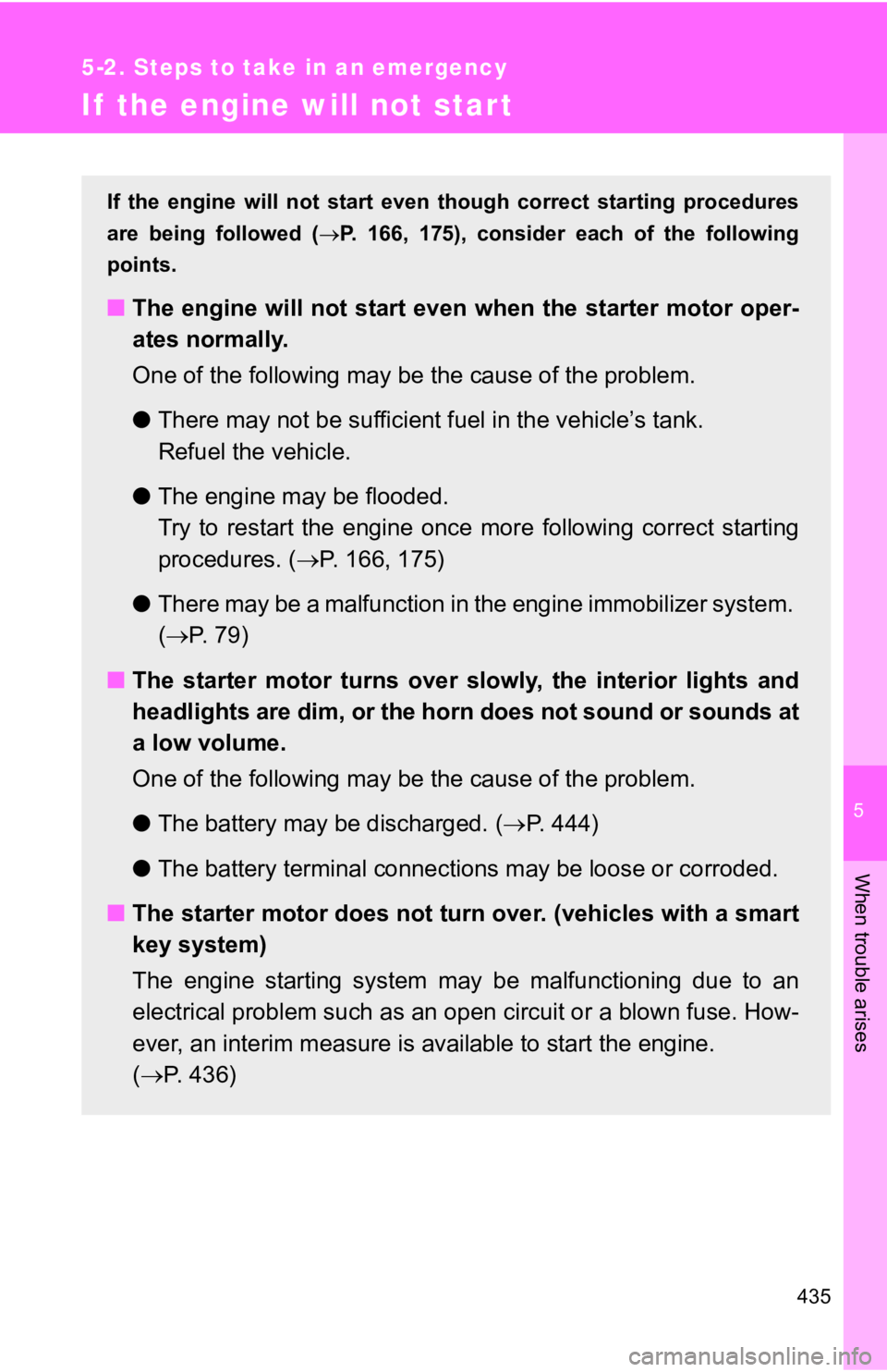 TOYOTA GT86 2018  Owners Manual (in English) 5
When trouble arises
435
5-2. Steps to take in an emergency
If  the engine will not star t
If  the  engine  will  not  start  even  though  correct  starting  procedures
are  being  followed  ( P.