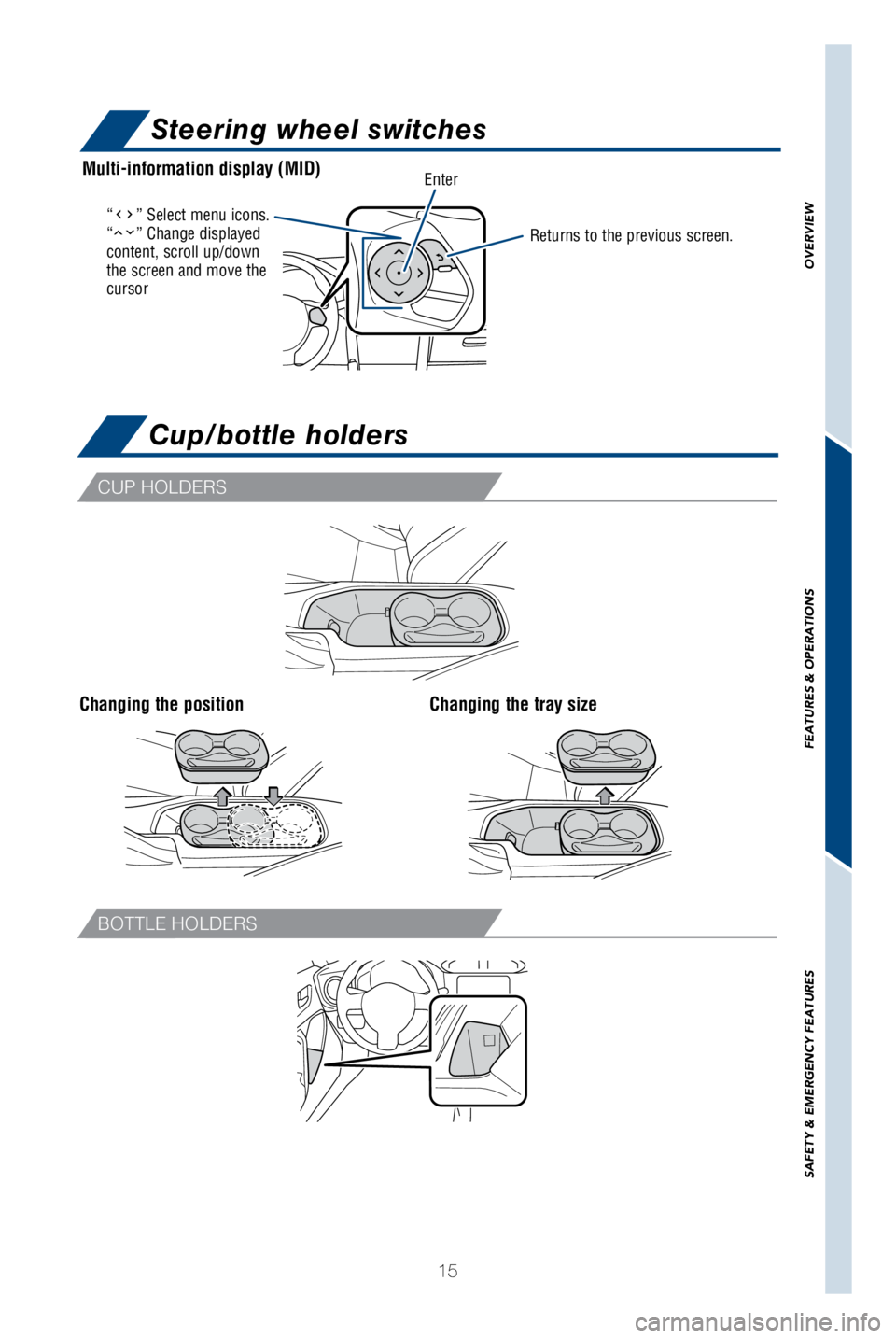 TOYOTA GT86 2018  Owners Manual (in English) 15
“” Select menu icons. 
“” Change displayed 
content, scroll up/down 
the screen and move the 
cursorReturns to the previous screen.
EnterMulti-information display (MID)
Steering wheel switc