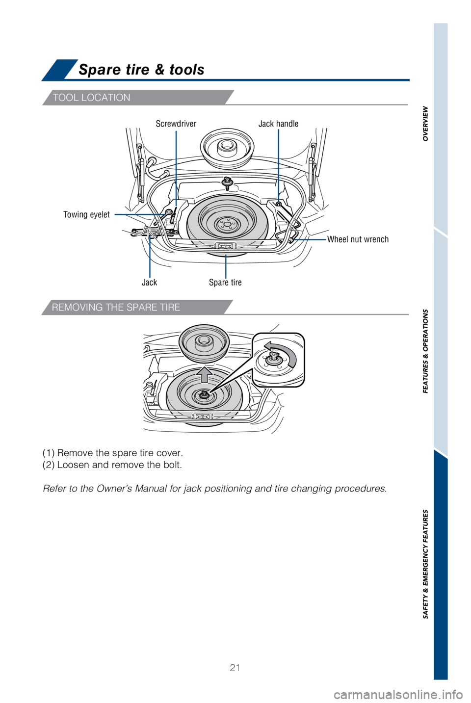 TOYOTA GT86 2018 (in English) Owners Manual 21
TOOL LOCATION
REMOVING THE SPARE TIRE
Spare tire & tools
Towing eyelet
Wheel nut wrench
Jack handle
Spare tire
Jack Screwdriver
(1) Remove the spare tire cover.
(2) Loosen and remove the bolt.
Refe TOYOTA GT86 2018 (in English) Owners Manual 21
TOOL LOCATION
REMOVING THE SPARE TIRE
Spare tire & tools
Towing eyelet
Wheel nut wrench
Jack handle
Spare tire
Jack Screwdriver
(1) Remove the spare tire cover.
(2) Loosen and remove the bolt.
Refe